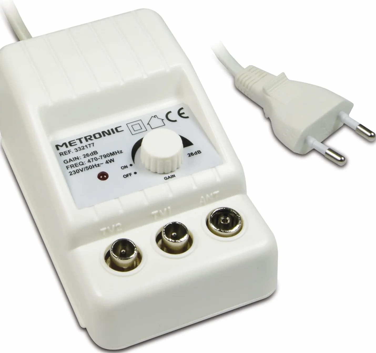 Metronic 332187 Amplificateur TV FM/VHF/UHF numérique terrestre avec Filtre 5G 2x24dB réglable, 1 entrée/2 Sorties, intérieur, 47/694MHz, Blanc