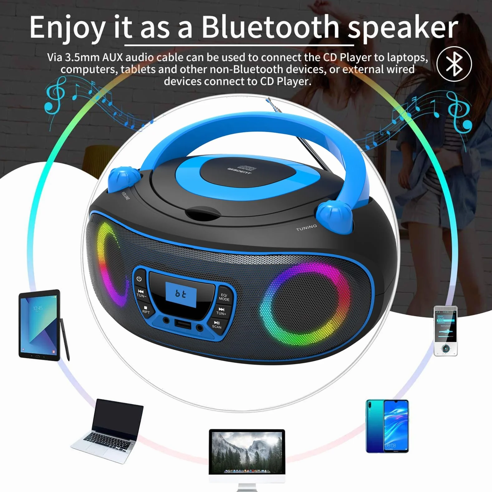 Lecteur CD stéréo Portable Boombox Bluetooth Radio FM USB AUX