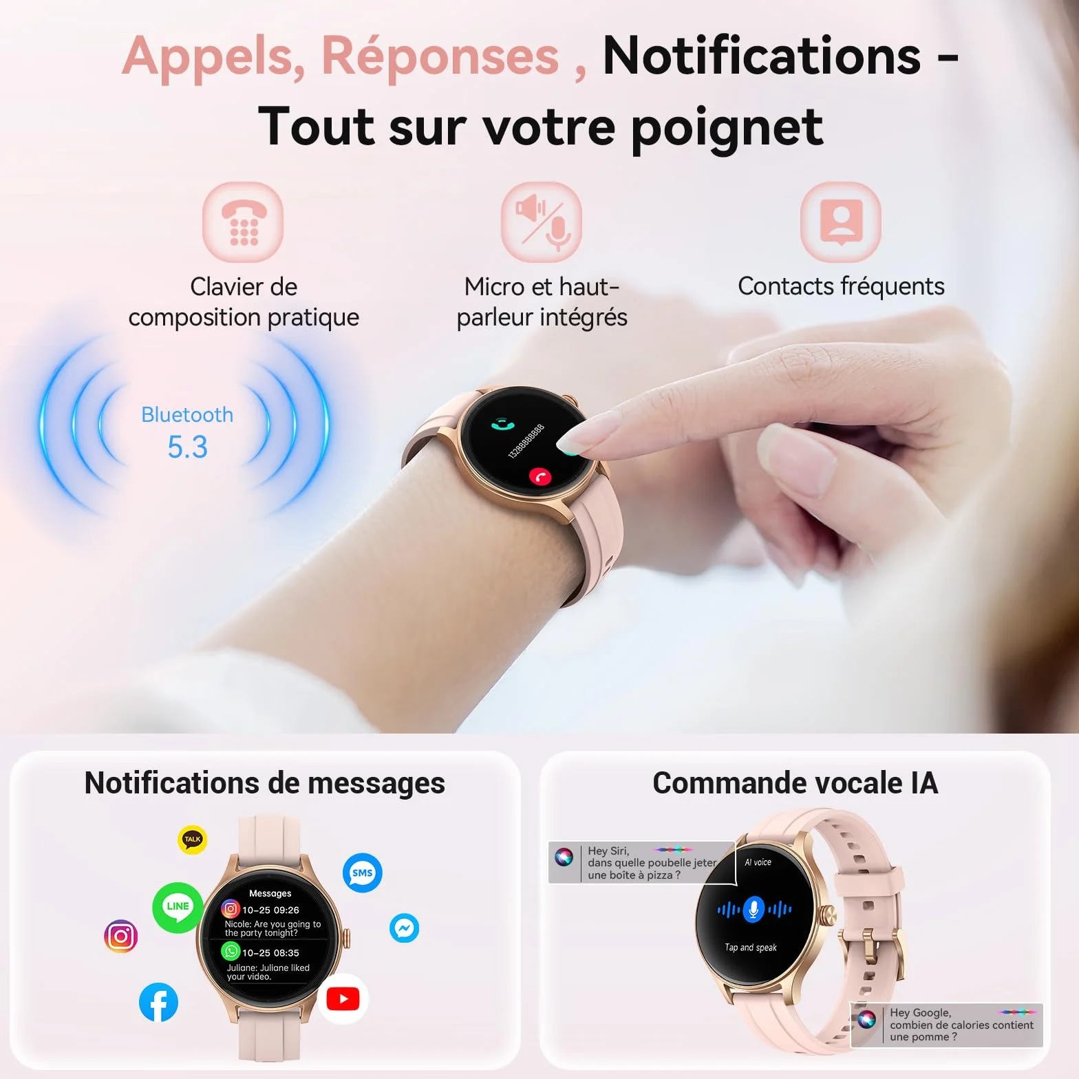 Montre Connectée Femme Smartwatch 1.57" Appel Bluetooth Surveillance Fréquence Cardiaque Sommeil 3ATM étanche 120+ Modes Sport Podometre
