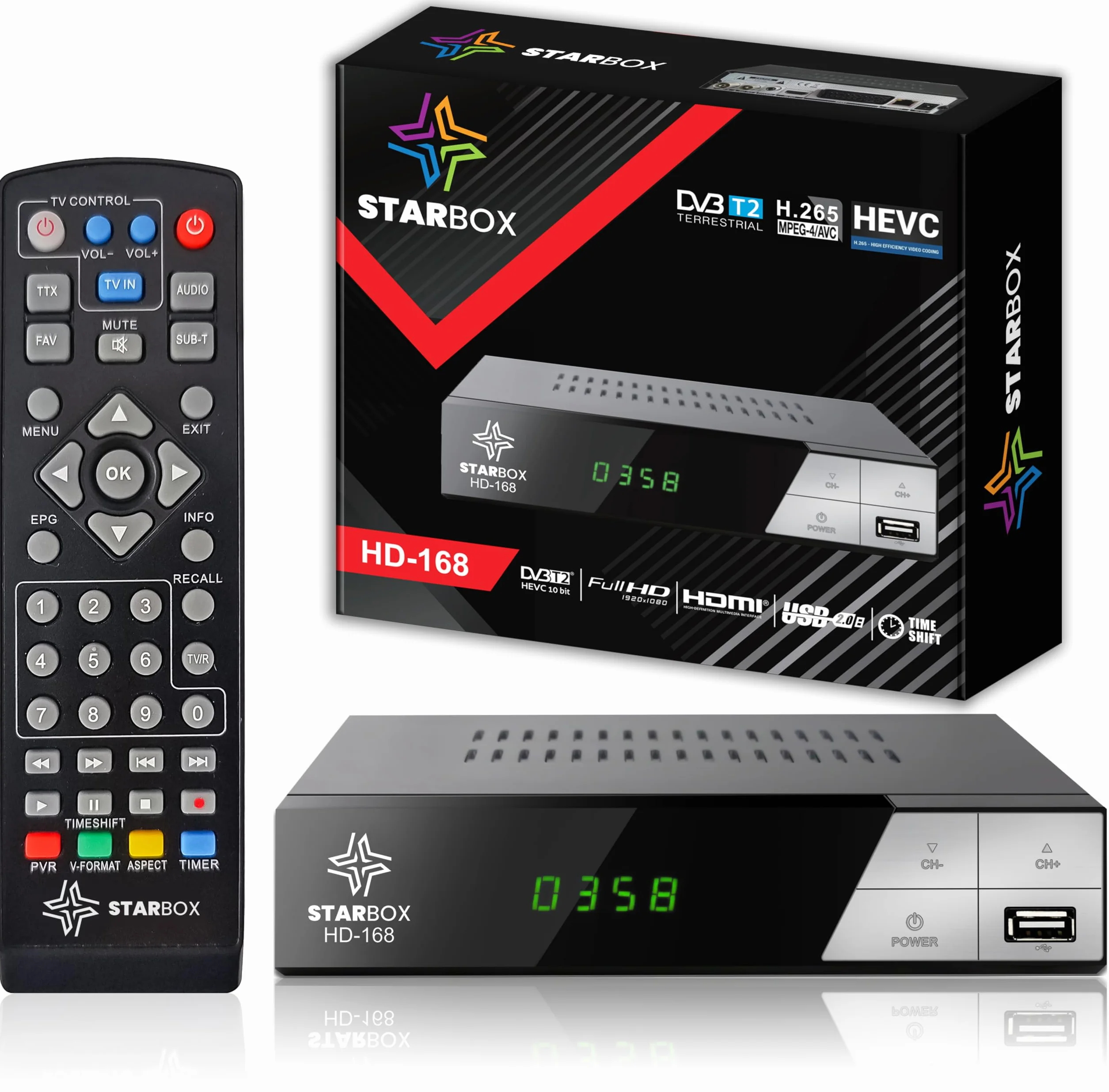 Décodeur TNT HD-168+ DVB-T2/DVB-C Full HD 1080p H.265 USB HDMI Péritel Télécommande Universelle 2-en-1