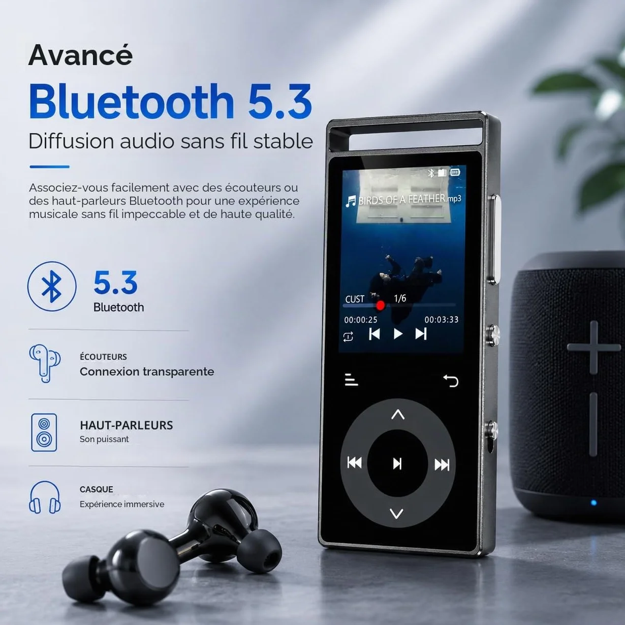 Lecteur Mp3 Bluetooth 5.3 Son HiFi, Boutons Tactiques, Structure Métall, Écran Couleur, Extension 128Go, Écouteurs Inclus Noir