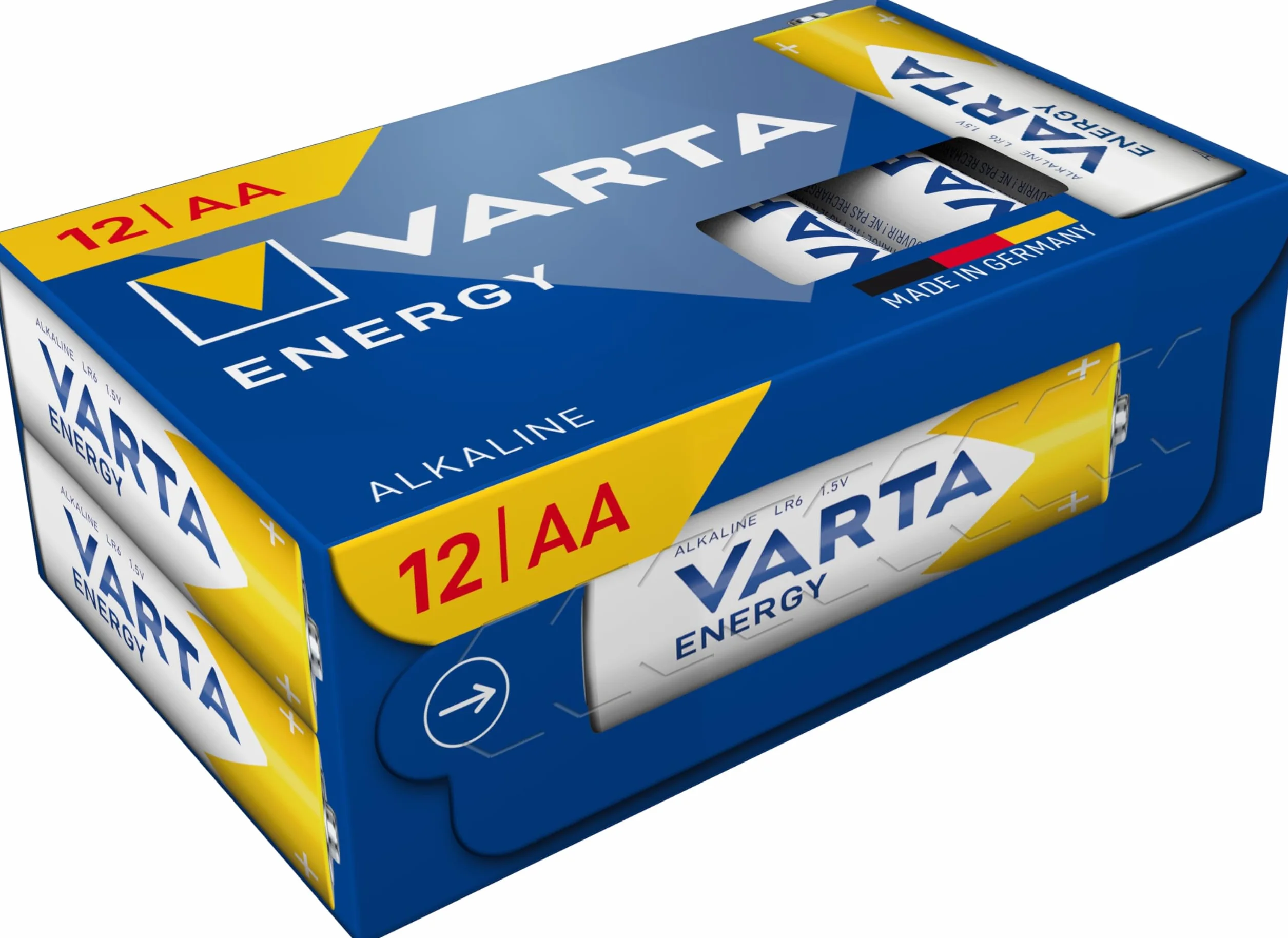 VARTA Piles AA, lot de 12, Energy, Alcalines, 1,5V, Cube, emballage recyclé à 90%, pour des besoins de base simples, Made in Germany