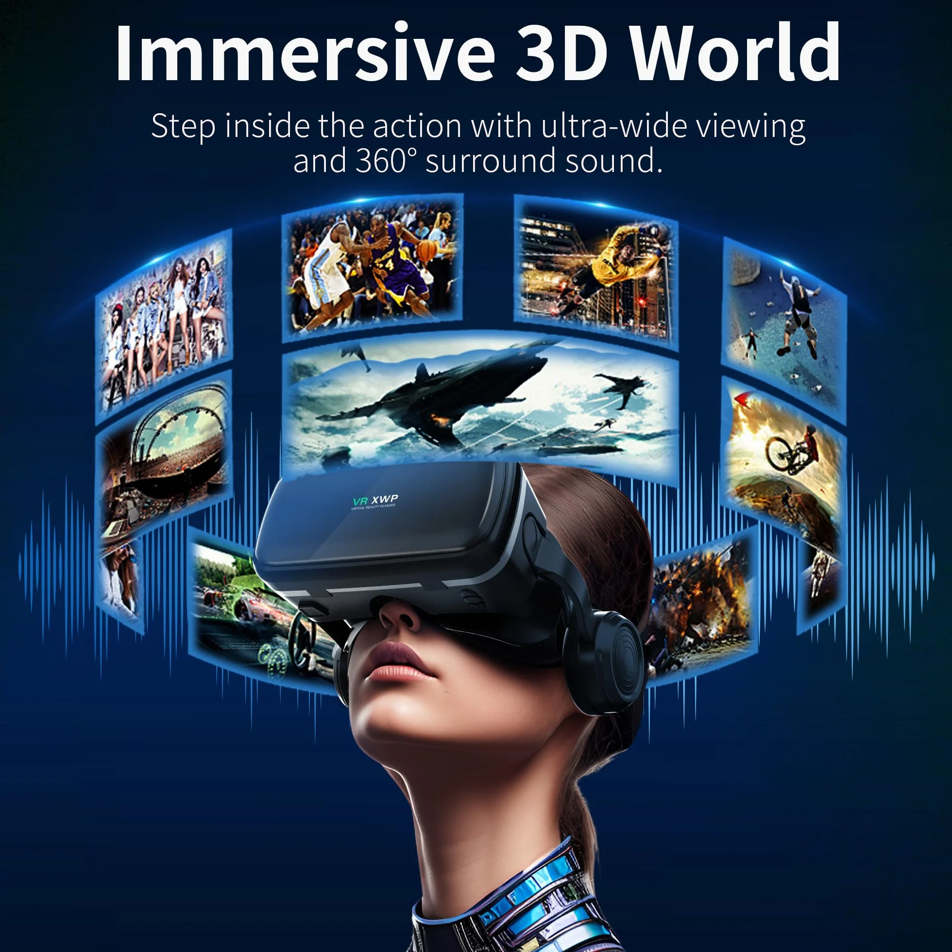 Casque VR 3D avec Écouteurs, Lunette de Réalité Virtuelle pour Téléphone Portable, Lentilles HD, iPhone & Android 4,7–6,8"