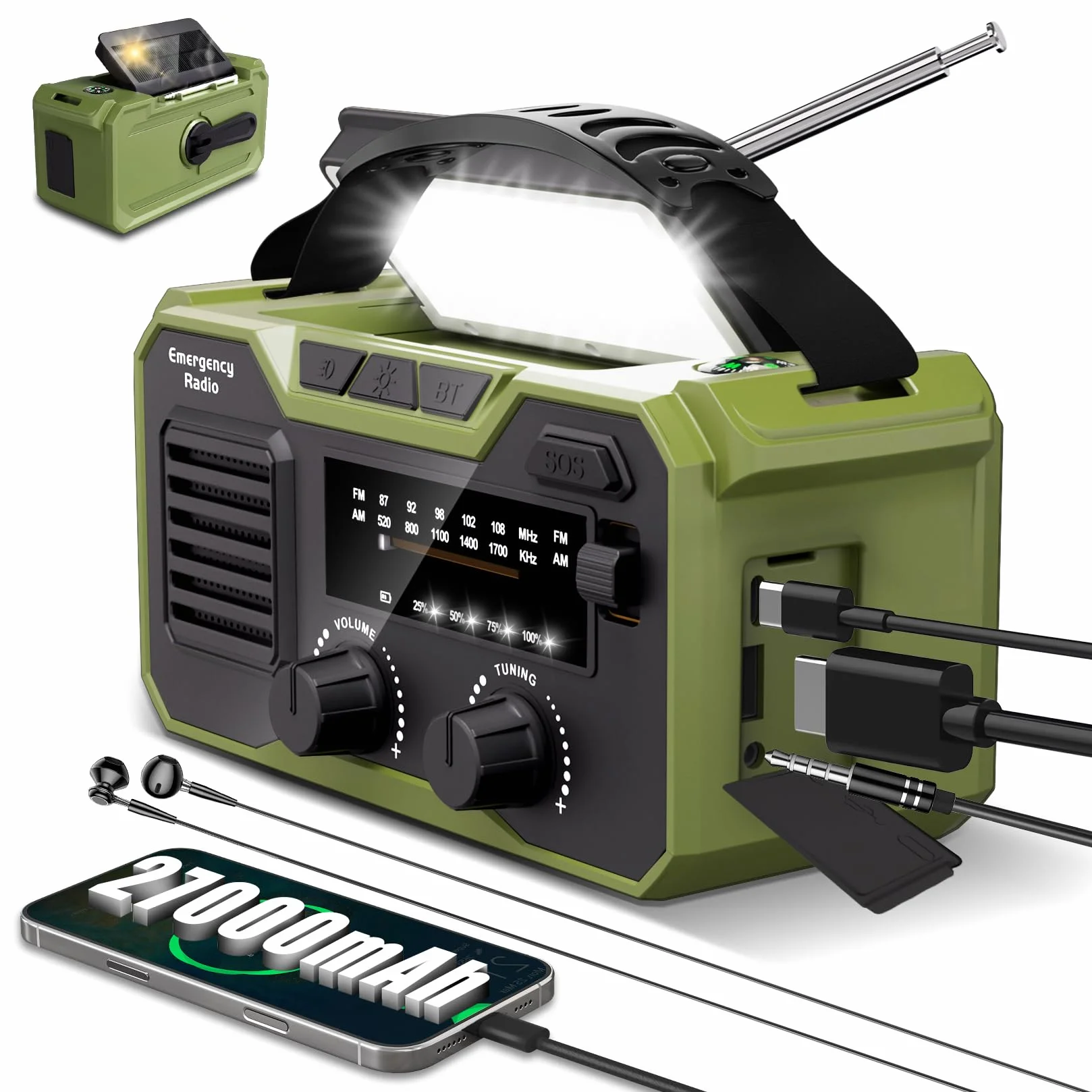 27000mAh Radio Survie FM/AM Solaire Bluetooth 5.3 Alarme SOS Boussole Lampe Dynamo Vert