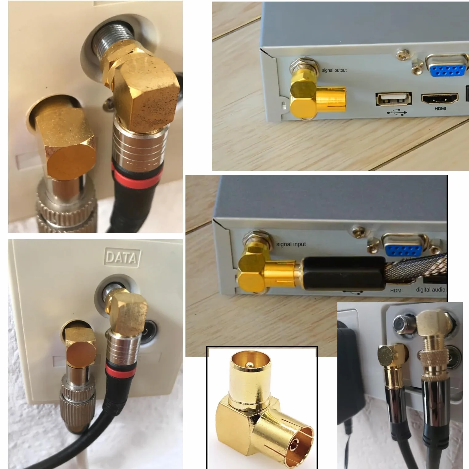 JZK 2X Adaptateur coaxial PAL mâle vers Femelle, plaqué Or, coudé à 90°, Compatible avec antennes, câbles Satellites, câbles TV, DVB-T et DVB-T2 HD