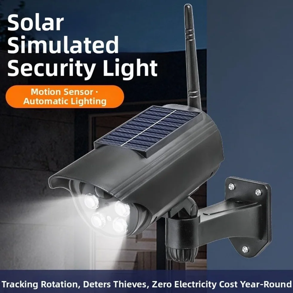 Fausse caméra de sécurité à énergie solaire avec détection de mouvement, rotation à 360°, caméra de surveillance factice pour extérieur, leurre résistant aux intempéries avec lumière rouge clignotante