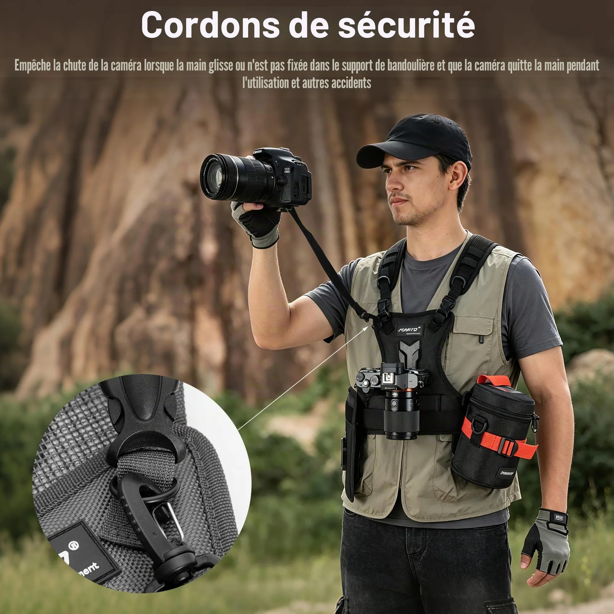 FOMITO Camera Chest Harness System Gilet de transport multi-appareil photo avec étui latéral Gris Compatible avec Canon Nikon Sony Panasonic Olympus DSLR