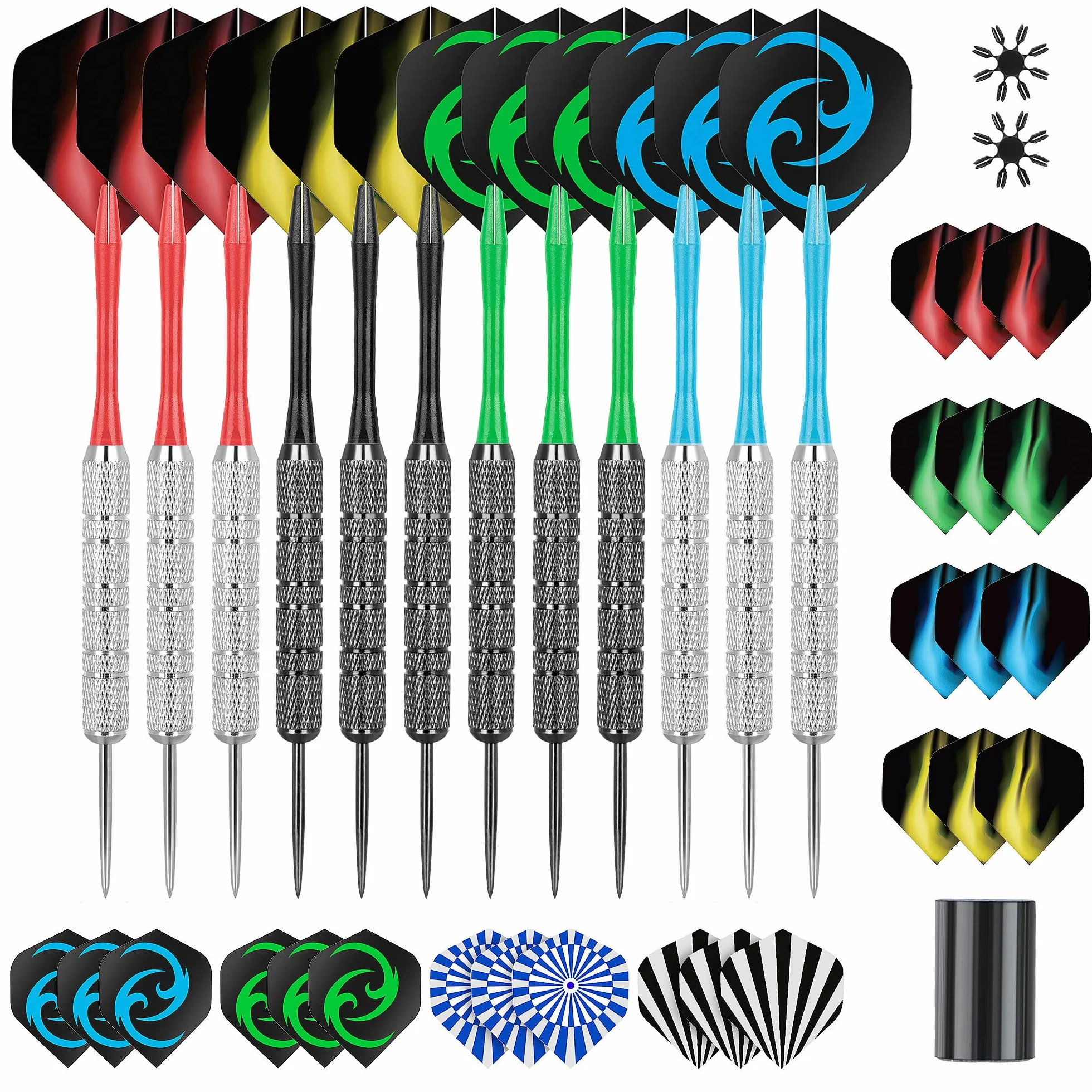 Fléchettes Professionnelles Pointe Acier Lot 12 Métal 18 g Tiges Ailettes Protection Vol Aiguiseur