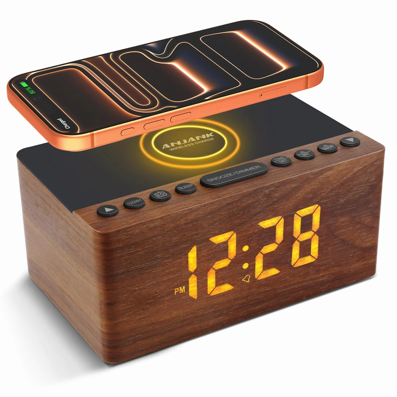 Radio Réveil Numérique en Bois avec Radio FM,Station de Charge sans fil Rapide Pour iPhone/Samsung Galaxy,Alarm Clock et Affichage LED,Variateur à 5 Niveaux,Port USB,Minuterie de Sommeil, Marron
