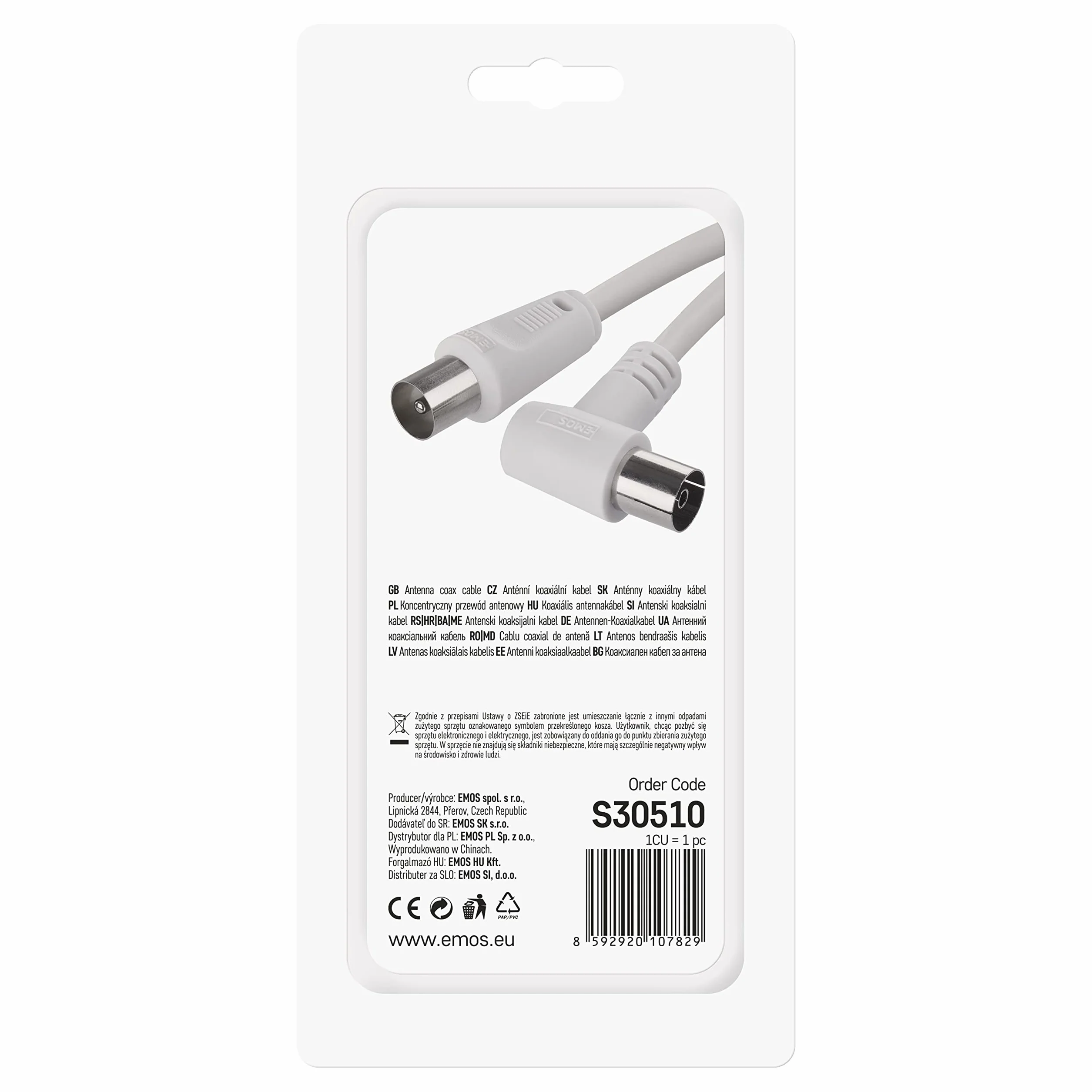 EMOS Câble d'antenne, câble coaxial, câble TV, 5 m, câble coaxial pour TV numérique, récepteur, SAT, double blindage, coaxial, droit mâle vers femelle coaxiale coudée (90 °)