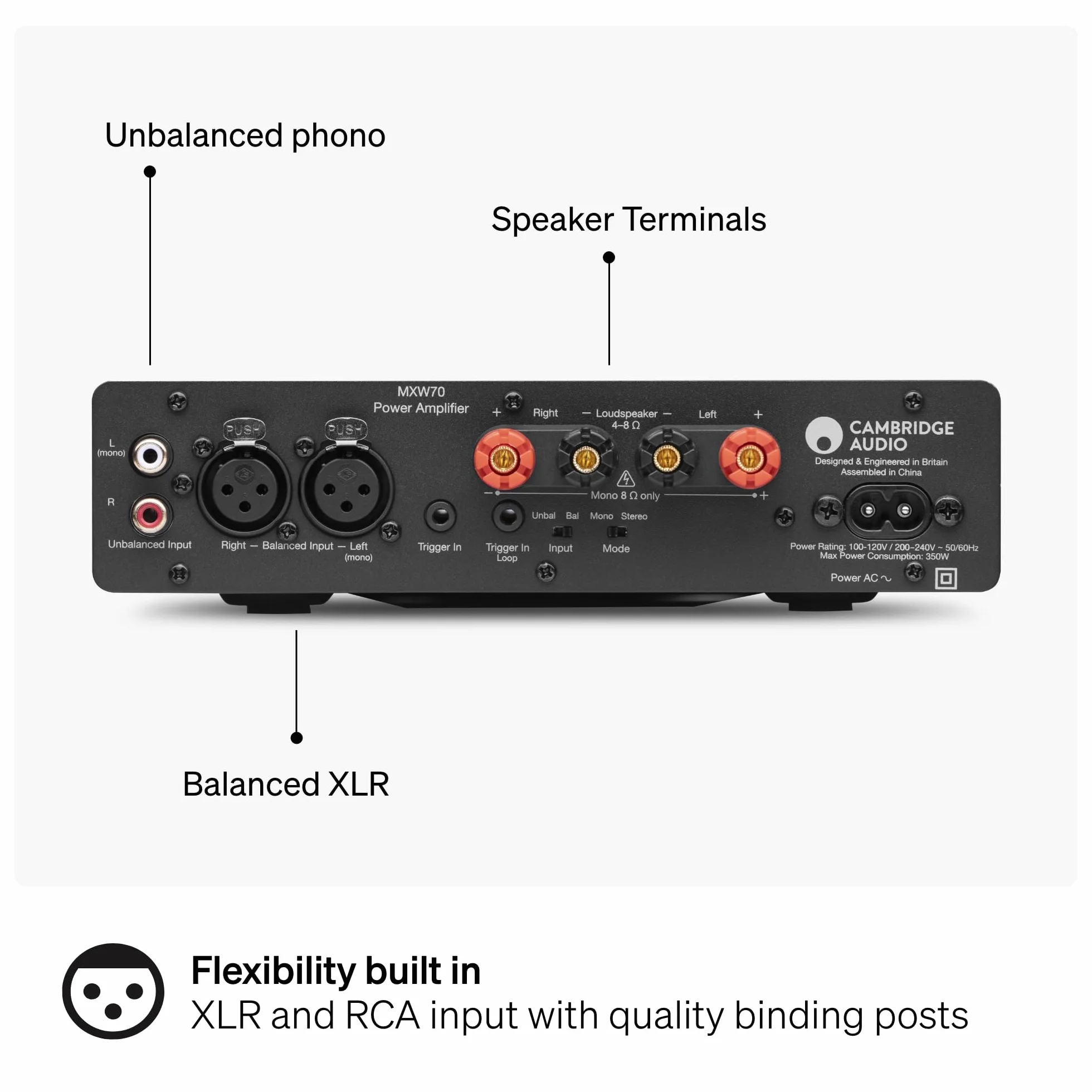 Cambridge Audio MXW 70 Amplificateur de puissance compact 70 Watts par canal entrées RCA XLR amplification classe D Hypex NCORE Gris Lunaire