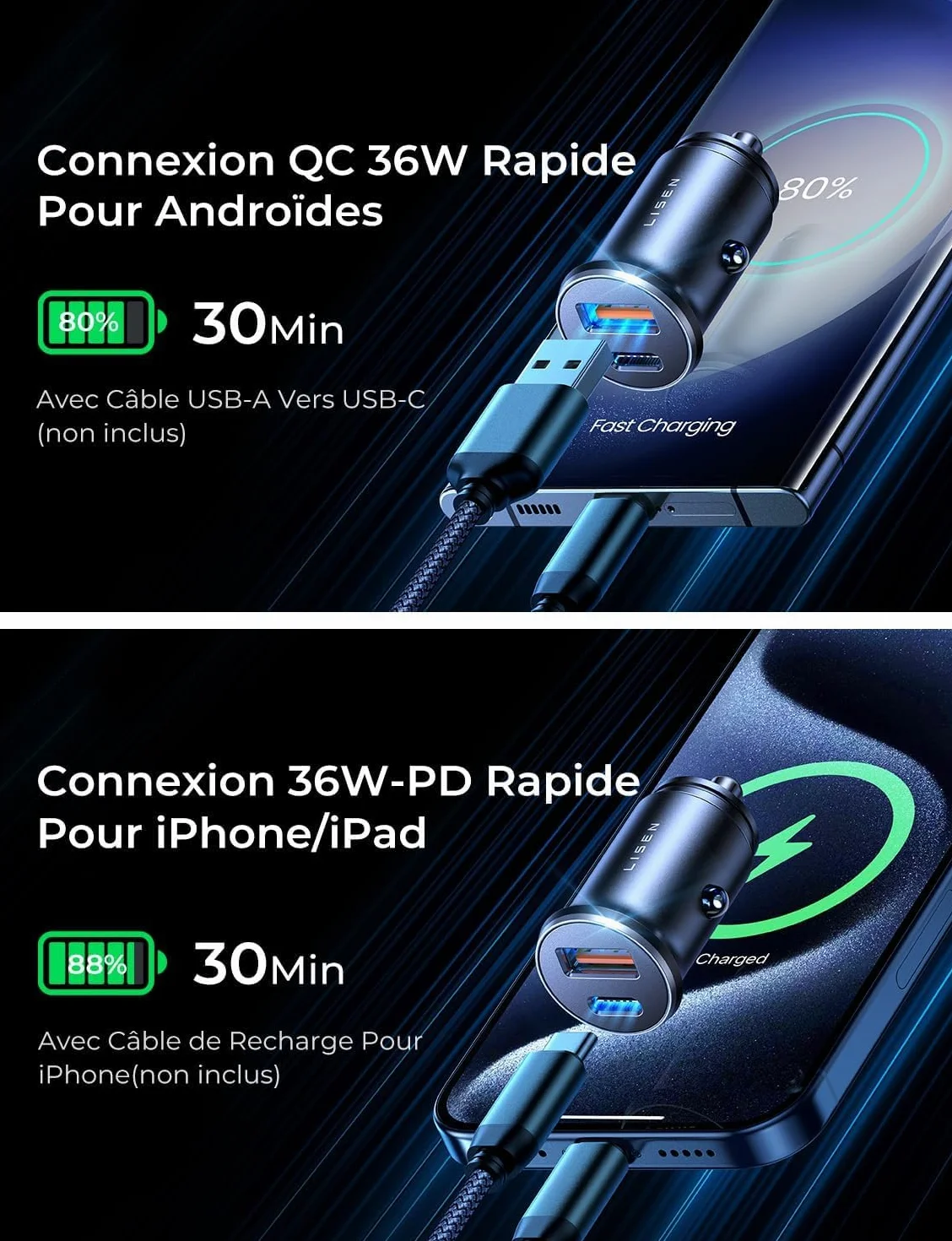 LISEN 54W 2-Pack Allume Cigare USB C, Double Ports Rapide, Chargeur Voiture USB C Sécurisés, Prise Allume Cigare 12V acev iPhone 17 Pro Max Air 16/15 Galaxy S25/S24 iPad Airpods