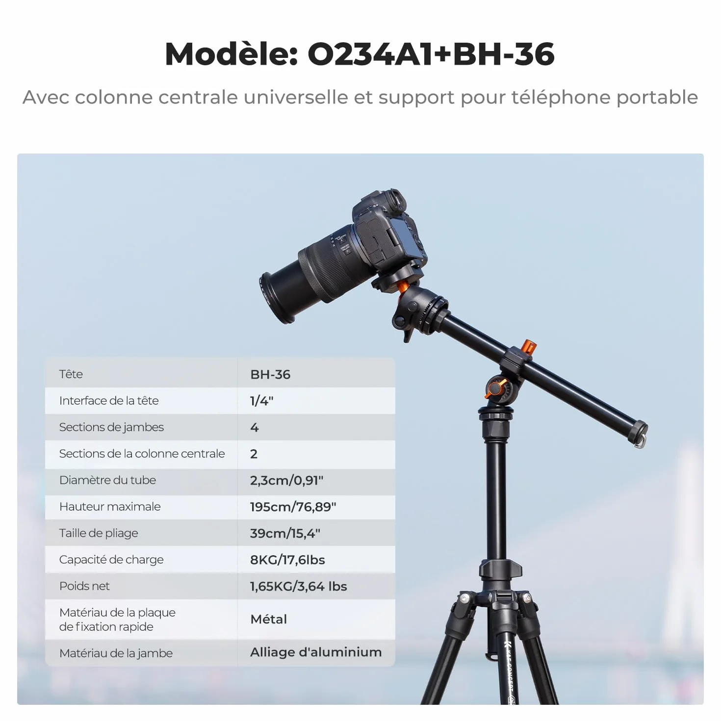 K&F CONCEPT Trépied d'appareil Photo et Smartphone avec Bras d'extension 195cm, Aluminium léger et Compact, Compatible avec Canon Nikon Sony DSLR iPhone Samsung, Tête sphérique à 360°, 8kg Charge Max
