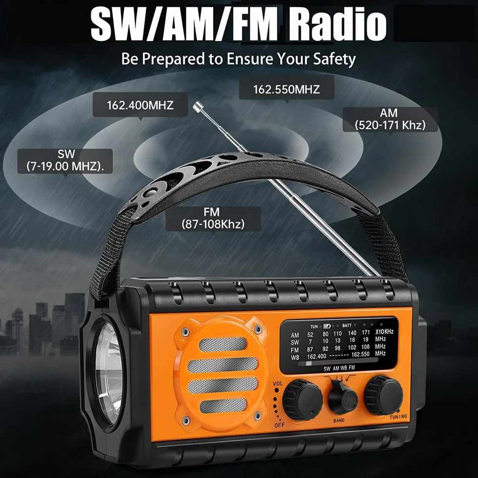 Winnes Radio d'urgence 20 000 mAh AM/FM avec lampe de poche et alarme SOS charge solaire