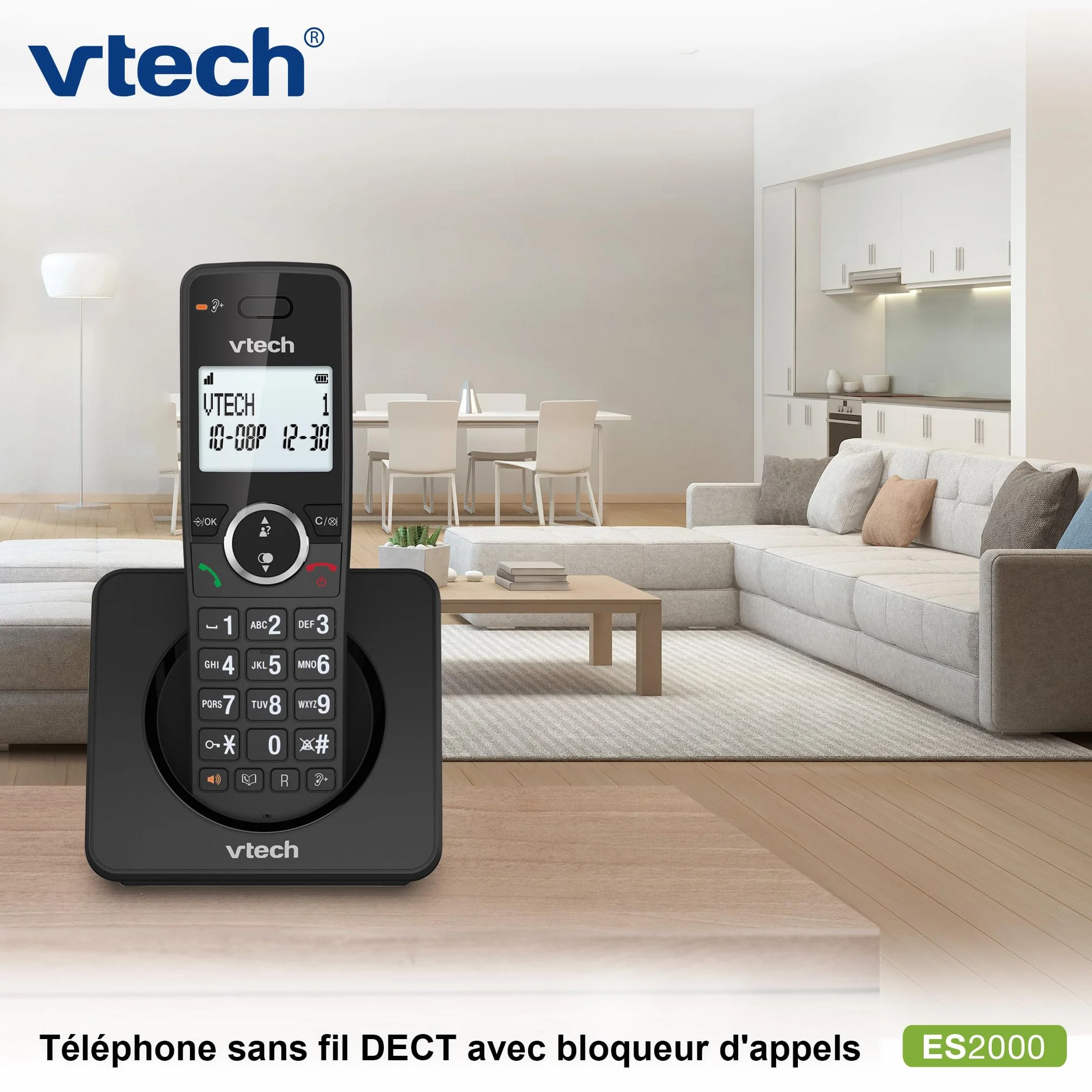 VTech ES2000 Téléphone sans Fil DECT avec Blocage d'appel, contrôle du Volume, Identification de l'appelant/Appel en Attente, 18 Heures d'autonomie, numérotation Rapide, Noir