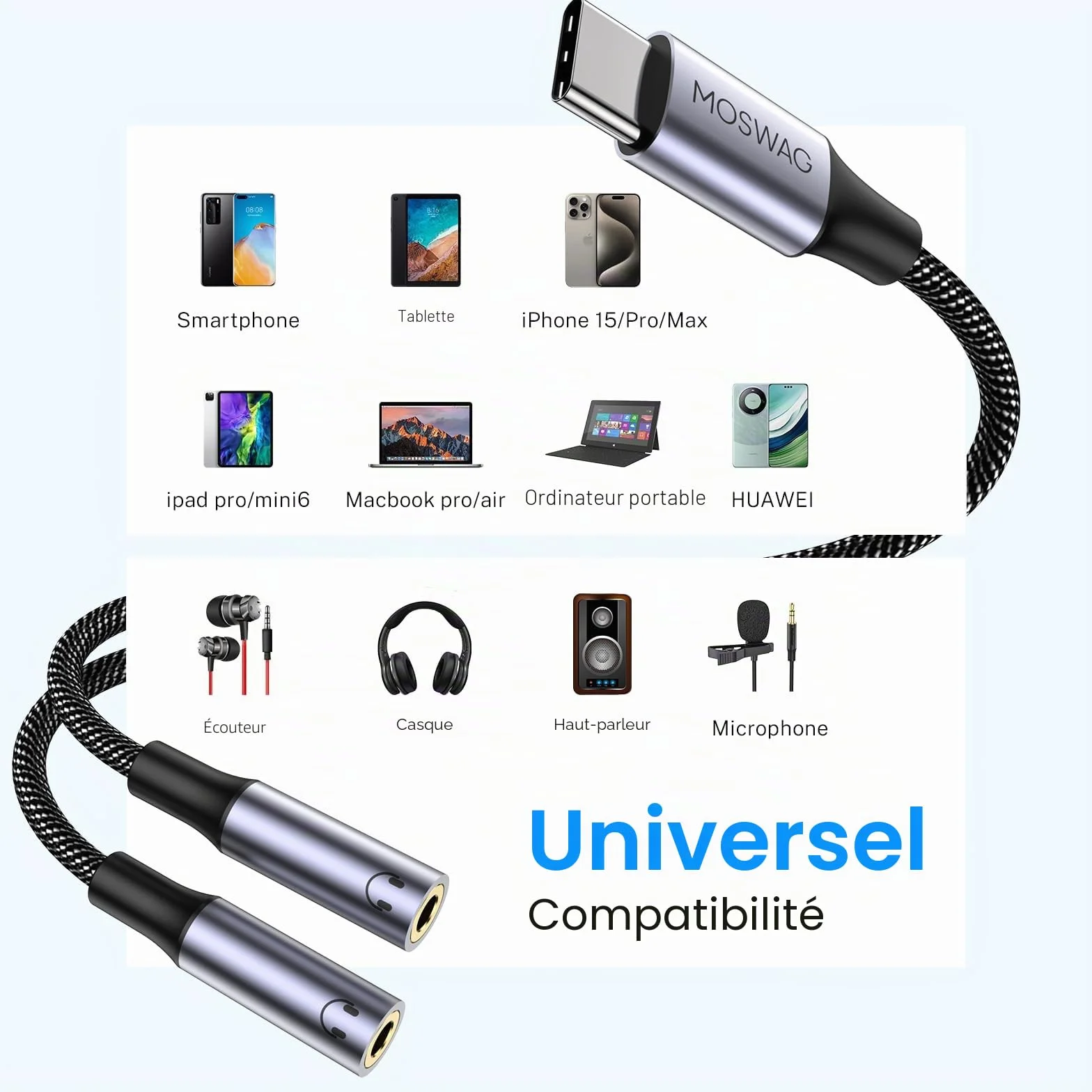MOSWAG Adaptateur USB C vers Jack 3,5 mm, Adaptateur Double Jack USB C, Splitter Type C vers 3.5mm Écouteur Câble Compatible avec Pixel 7 6 Pro 5, Galaxy S23 S22 S21, 16 Pro Max/16 Pro