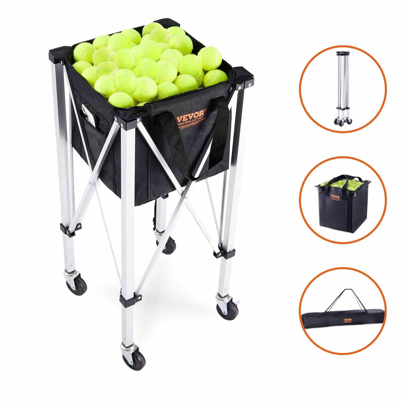 VEVOR Panier à Balle de Tennis Pliable 180 balles Chariot Alliage d'aluminium avec roulettes