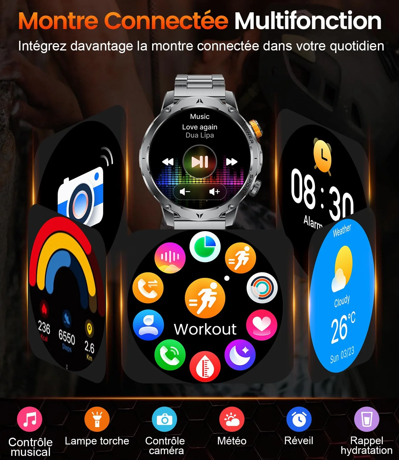 LIGE 1000mAh Montre Connectée Homme, 1,7" Smartwatch Militaire avec 110+ Modes Sportifs, IP68 Étanche, Appel Bluetooth, 24H Fréquence Cardiaque, Podomètre Android iOS,3 Bracelets,2 Chargeurs,EF24-A