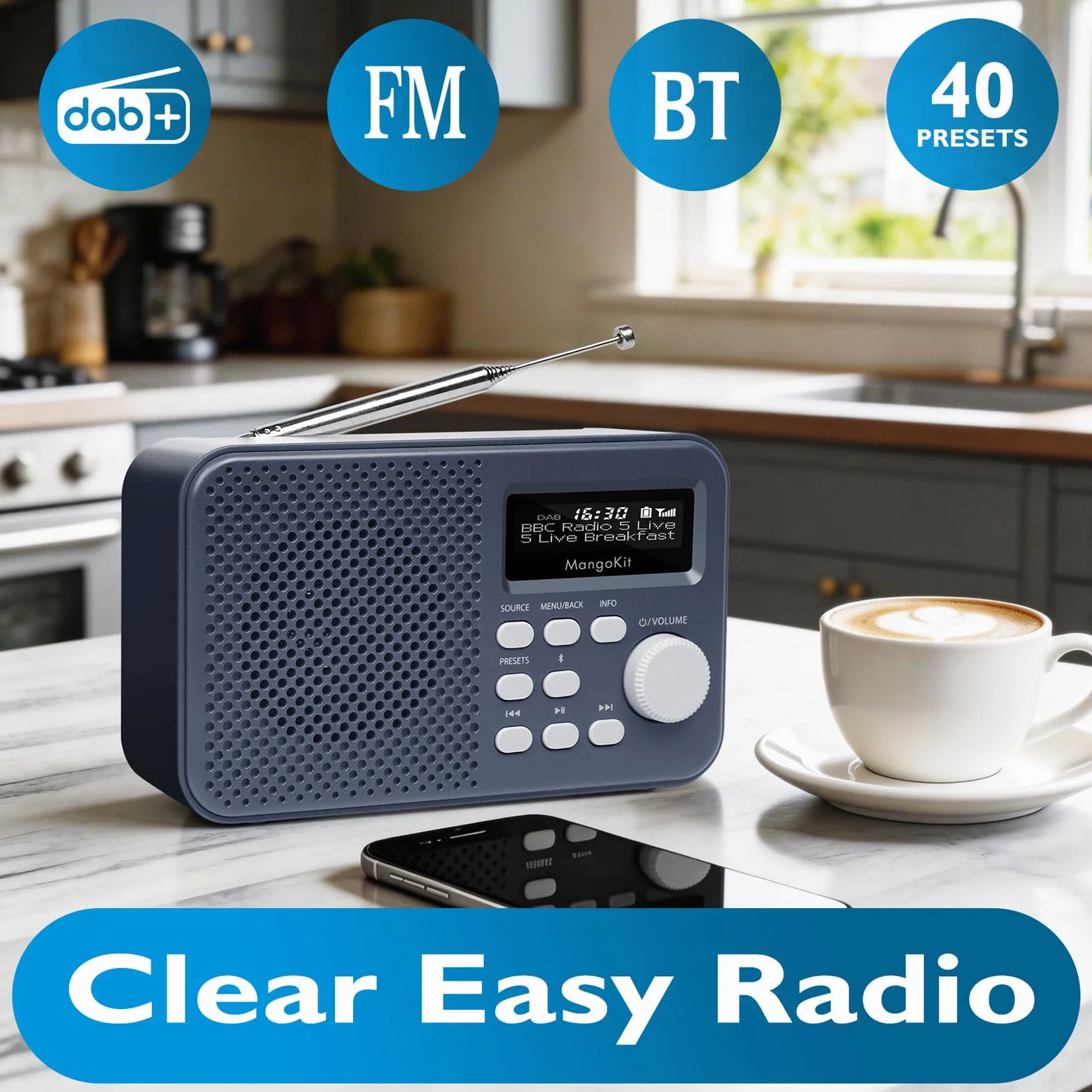 MD2-Plus Radio Dab/Dab+/FM Portable - Diffusion Bluetooth, 40 présélections, Grand écran LCD, Alimentation Secteur ou Piles, Prise Casque, Radio compacte pour Chevet ou Cuisine
