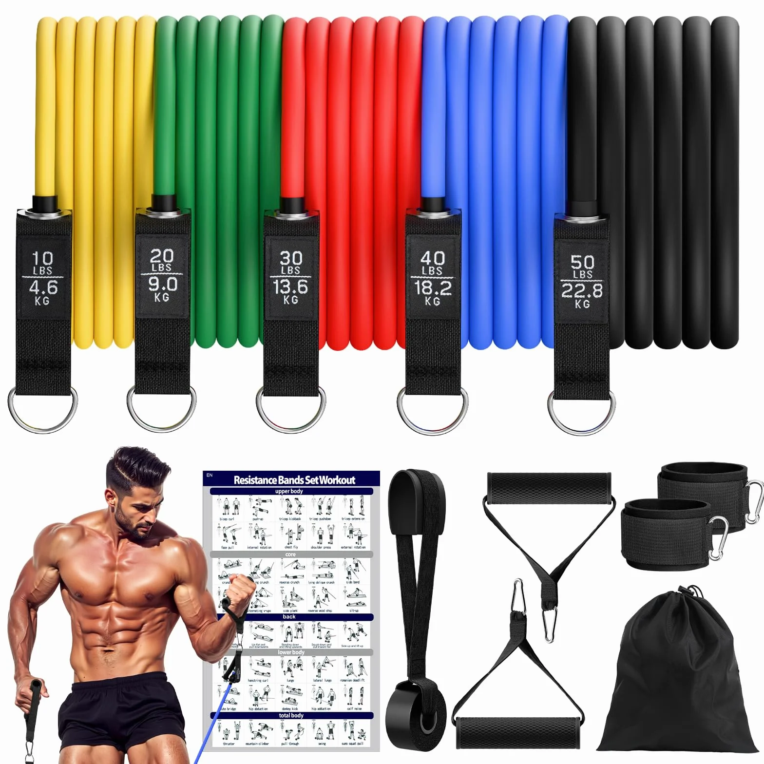 Fokky Kit Elastique Musculation avec 5 Niveaux Bande Élastique Sport Poignées Sangles Cheville Yoga Pilates