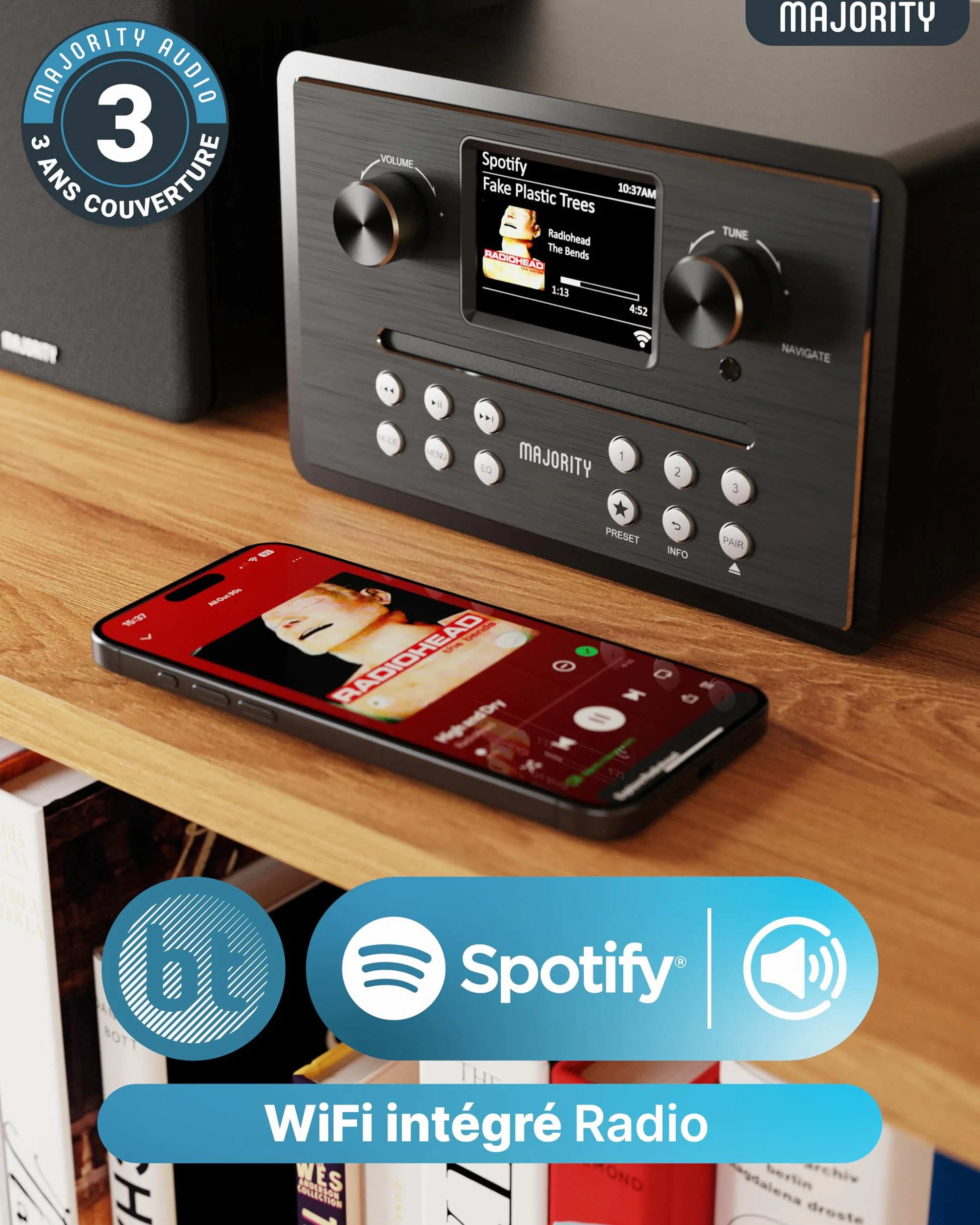 MAJORITY Homerton HiFi Bluetooth 5.3 Chaine HiFi Radio Internet | Radio Dab+ et FM | Lecteur CD Spotify Connect et Podcasts | Système Stéréo avec 60W Enceintes | Télécommande & l'application OKTIV