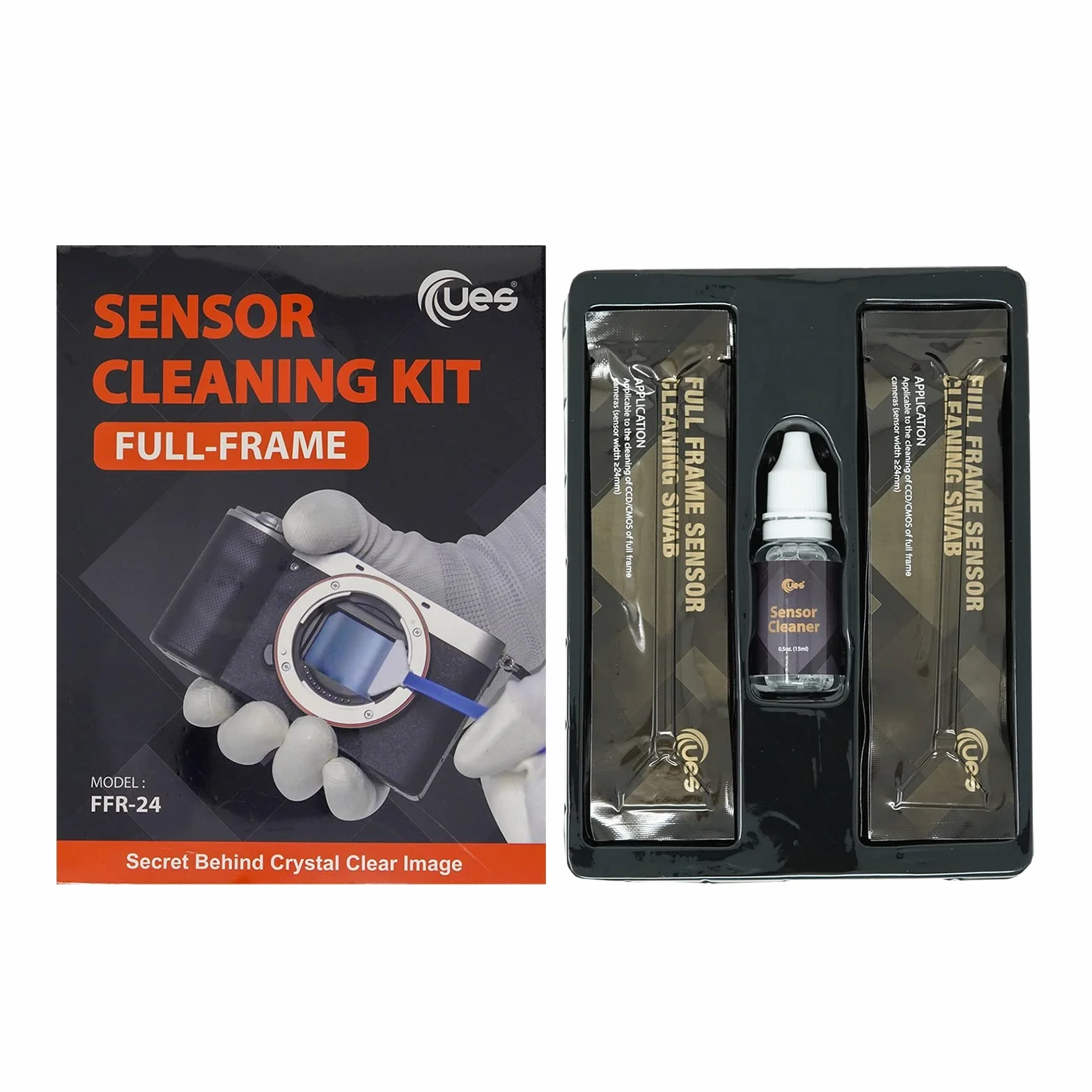 UES FFR24 Kit de Nettoyage Capteur Appareil Photo Plein Format (Hybride et Reflex) – 14 Bâtonnets (24 mm) & 15 ML Liquide Nettoyant – Élimine la Poussière (Compatible avec Canon, Sony, Nikon)