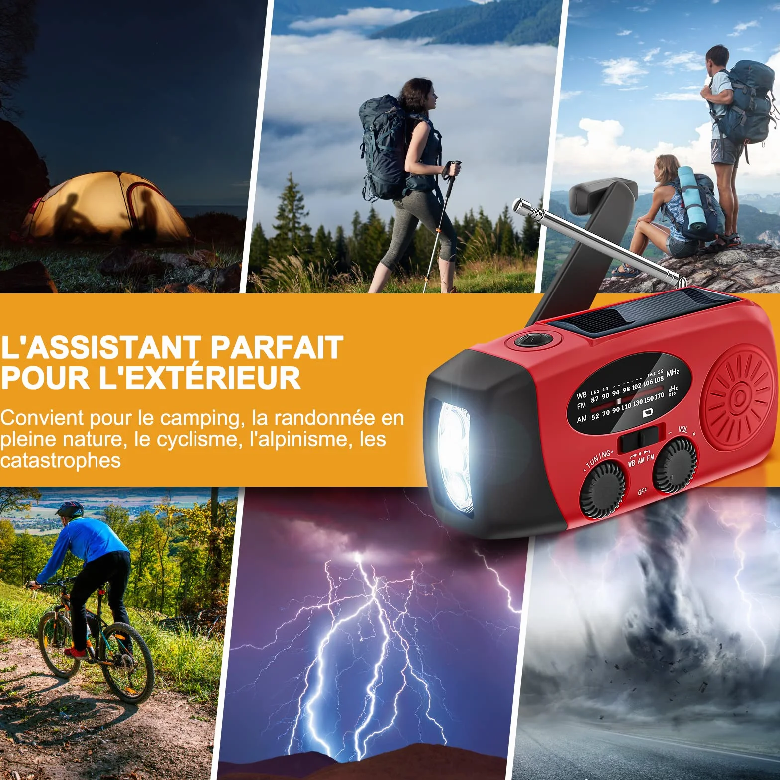 Radio Solaire Portable d'Urgence Météo 2000mAh Manivelle AM/FM/NOAA Dynamo IPX3 Charge Téléphone Lampe LED Alarme SOS Câble USB Randonnée Camping Rouge