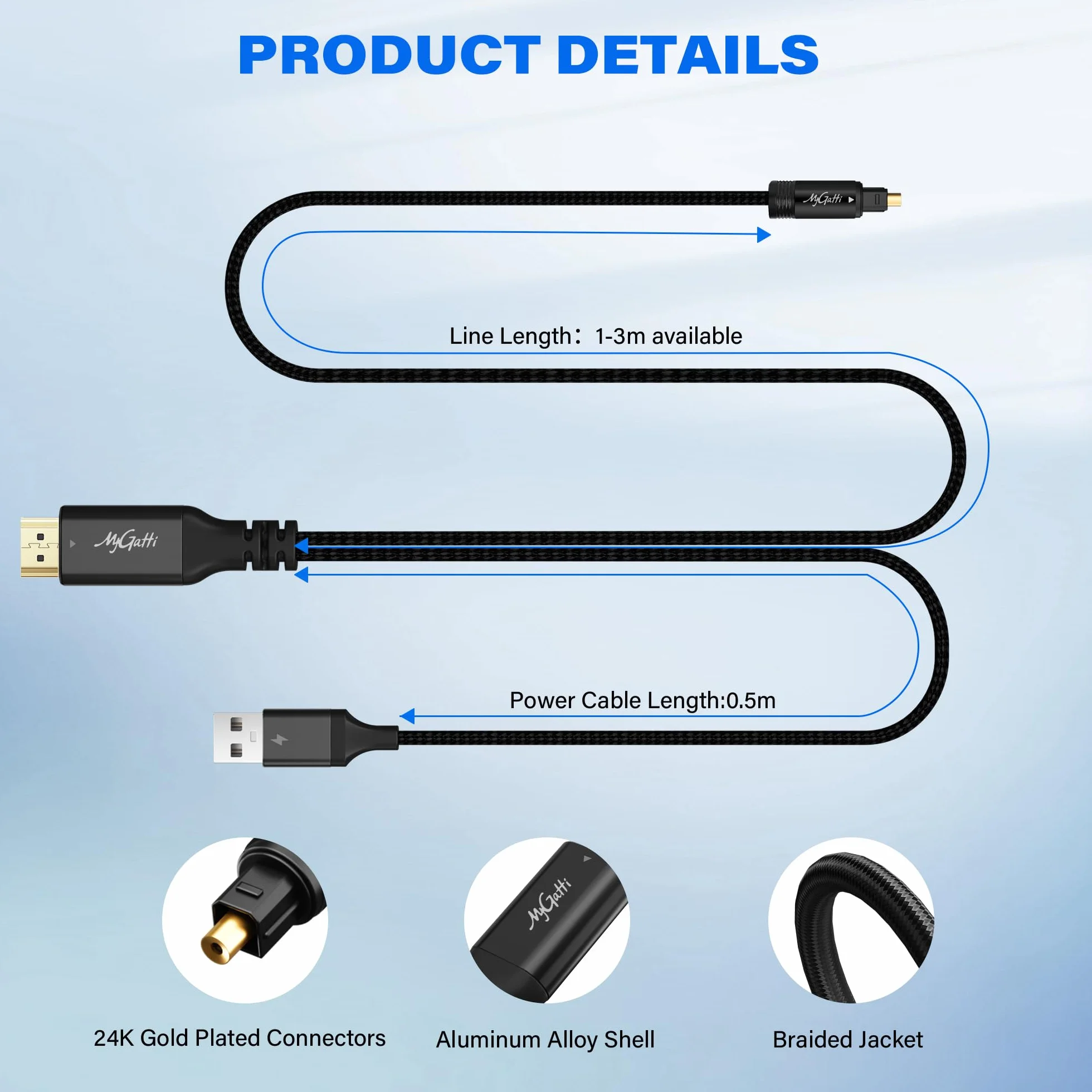 Unidirectionnel Câble convertisseur HDMI ARC/eARC vers optique Toslink 1m,192 kHz, alimenté par USB, pour connecter un TV à une barre de son, un amplificateur home cinéma ou d'anciennes enceintes