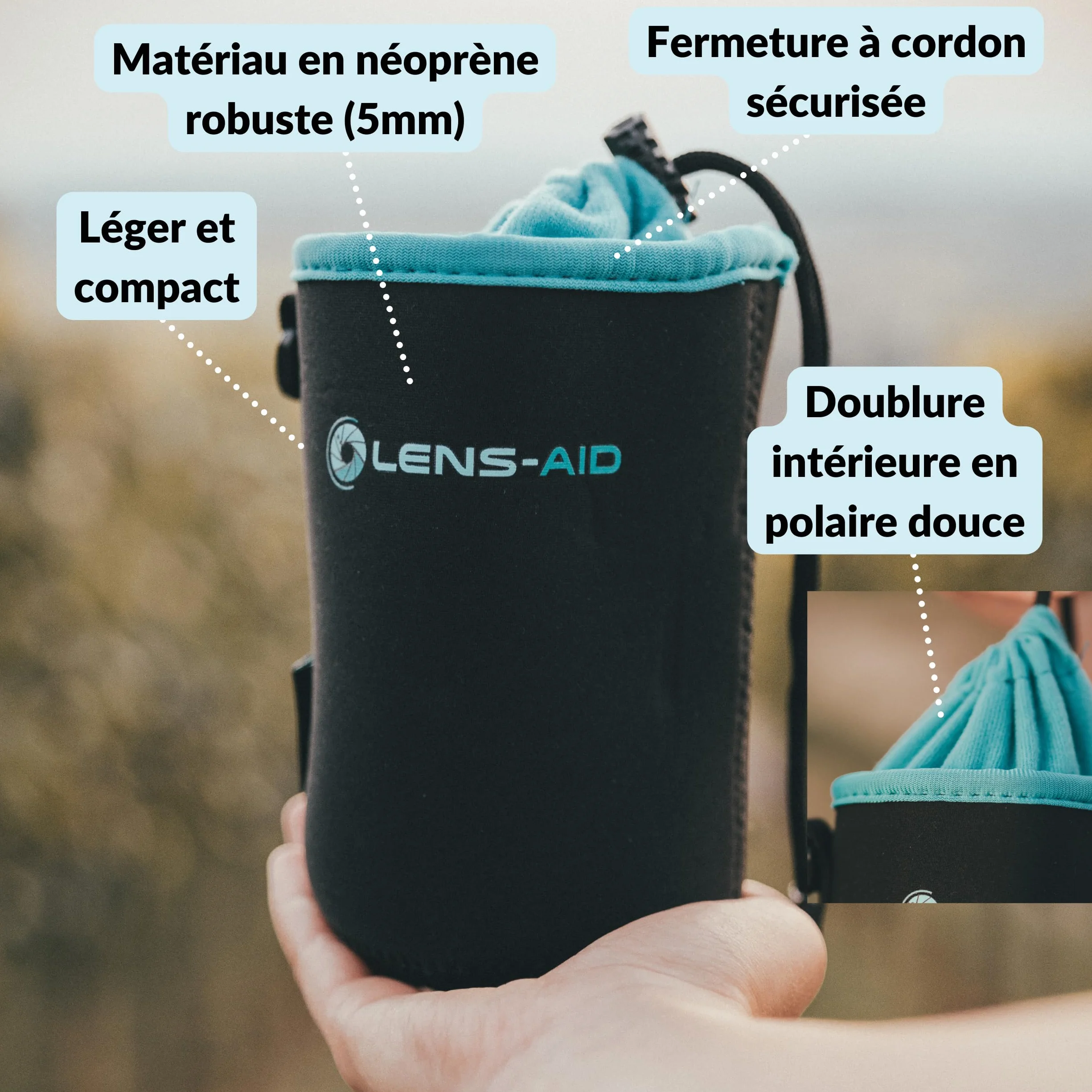 Housse pour Objectifs d’Appareil Photo en Néoprène avec Doublure en Polaire, Etui avec Cordon
