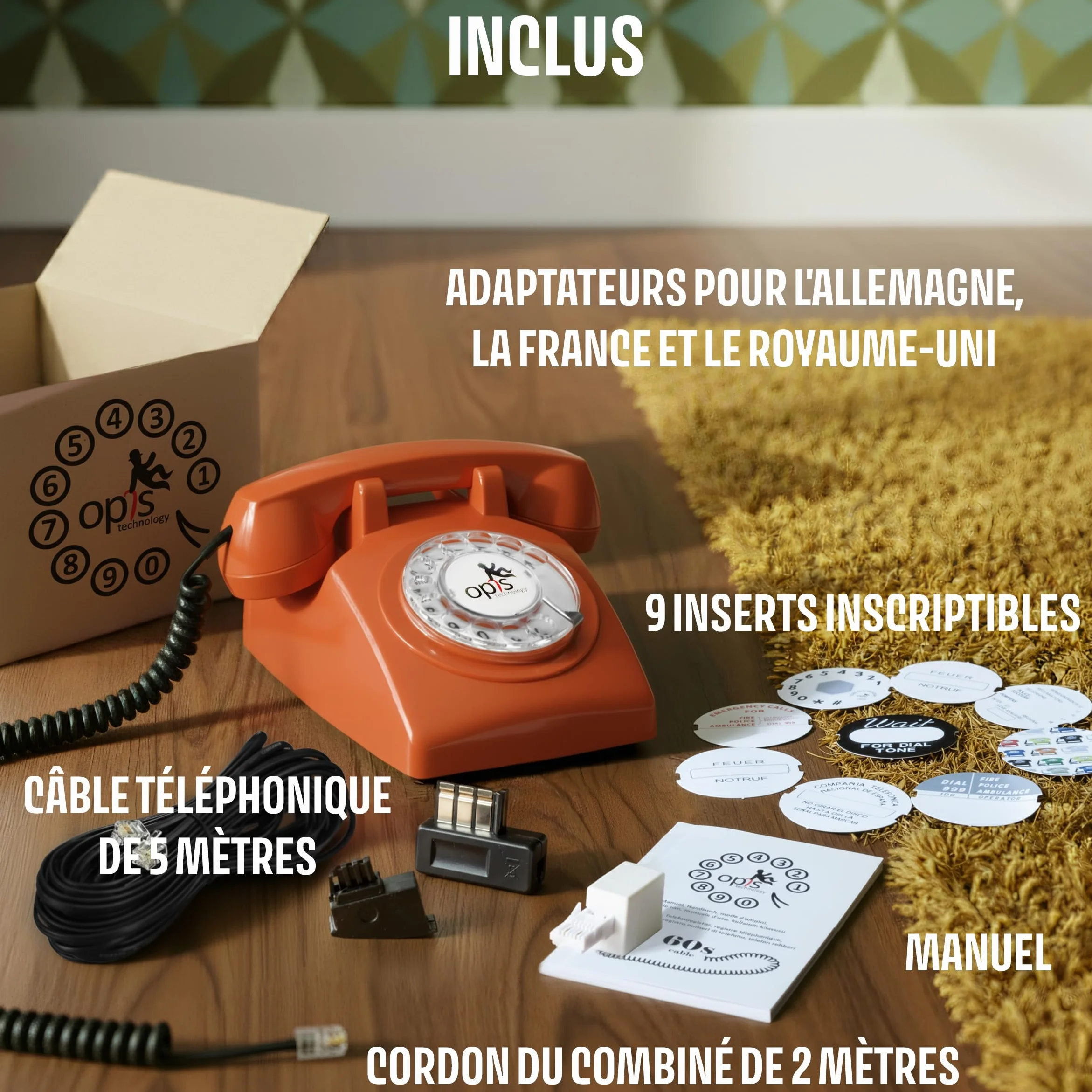 Opis Technology 60s Cable – Téléphone Fixe Vintage à Cadran Rotatif & Cloche Mécanique – Compatible Plupart des Box & Fibre – Design Rétro Années 60 – Orange