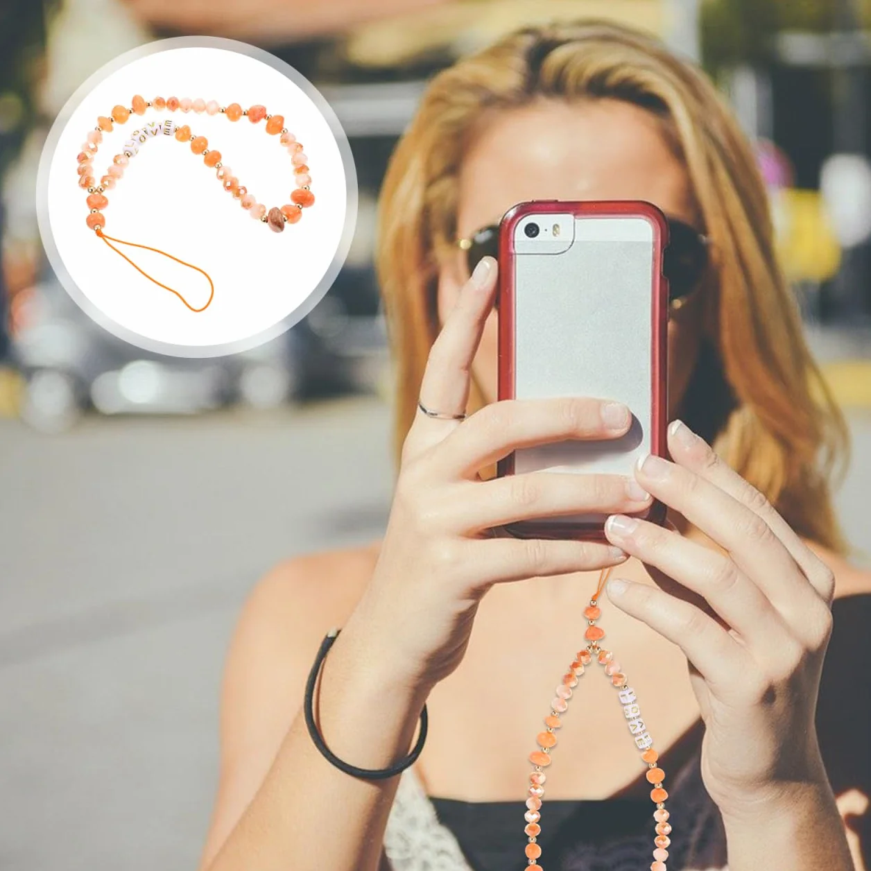 SEWACC Lanière Portable pour Téléphone avec Perles Décoratives Antidérapante Orange
