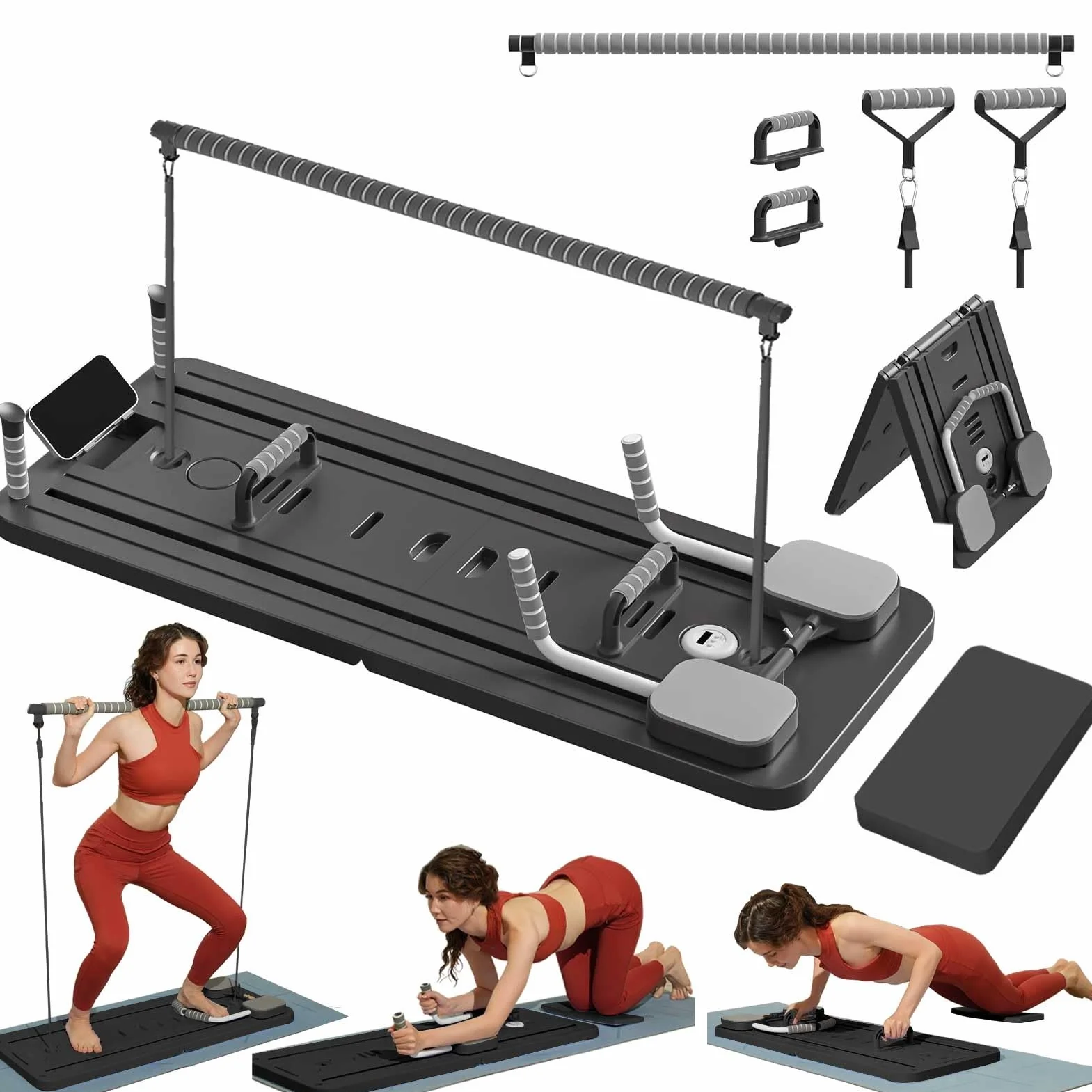 Kit Mini Reformer Pilates avec Barre et Bandes de Résistance, Planche Multifonctionnelle pour Maison