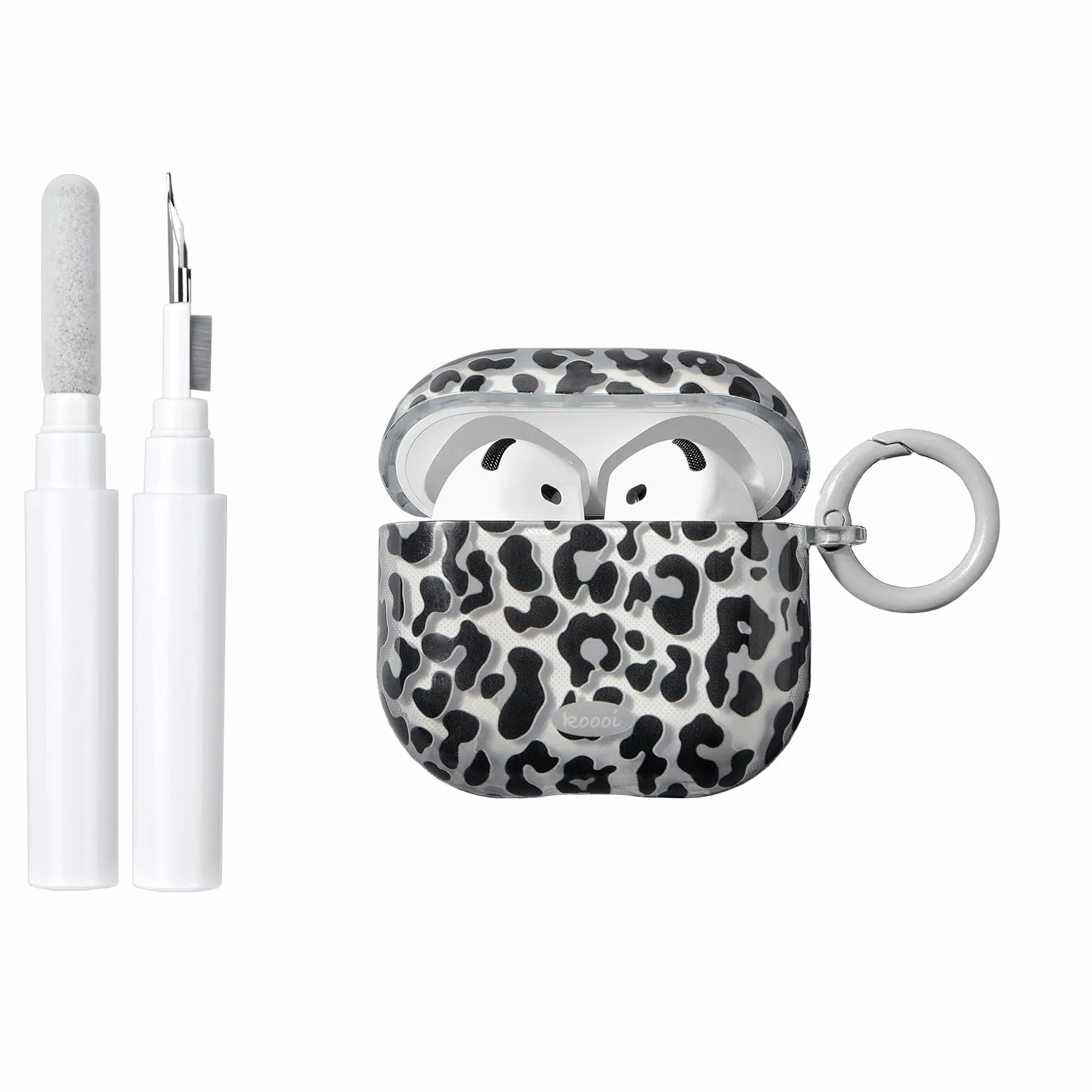 Coque AirPods 4 TPU Transparent Motif Léopard avec Kit de Nettoyage et Porte-Clés, Noir Léopard