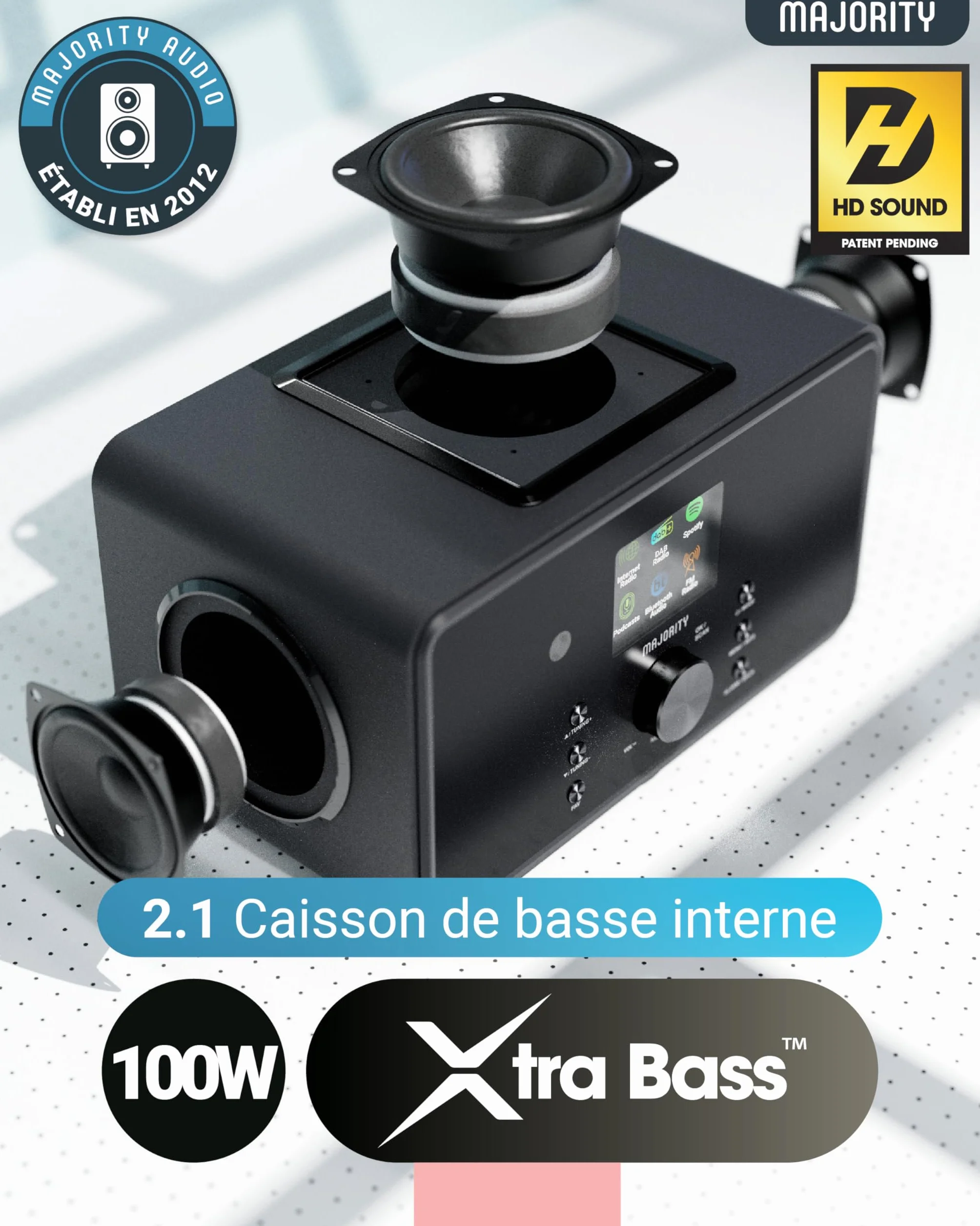 Radio Internet WiFi avec Bluetooth | Radio Dab Plus & FM | 100W 2.1 Caisson de Basse Interne pour Xtra Bass | Spotify Connect & Podcasts | Télécommande Incluse & OKTIV App Control | MAJORITY Bard