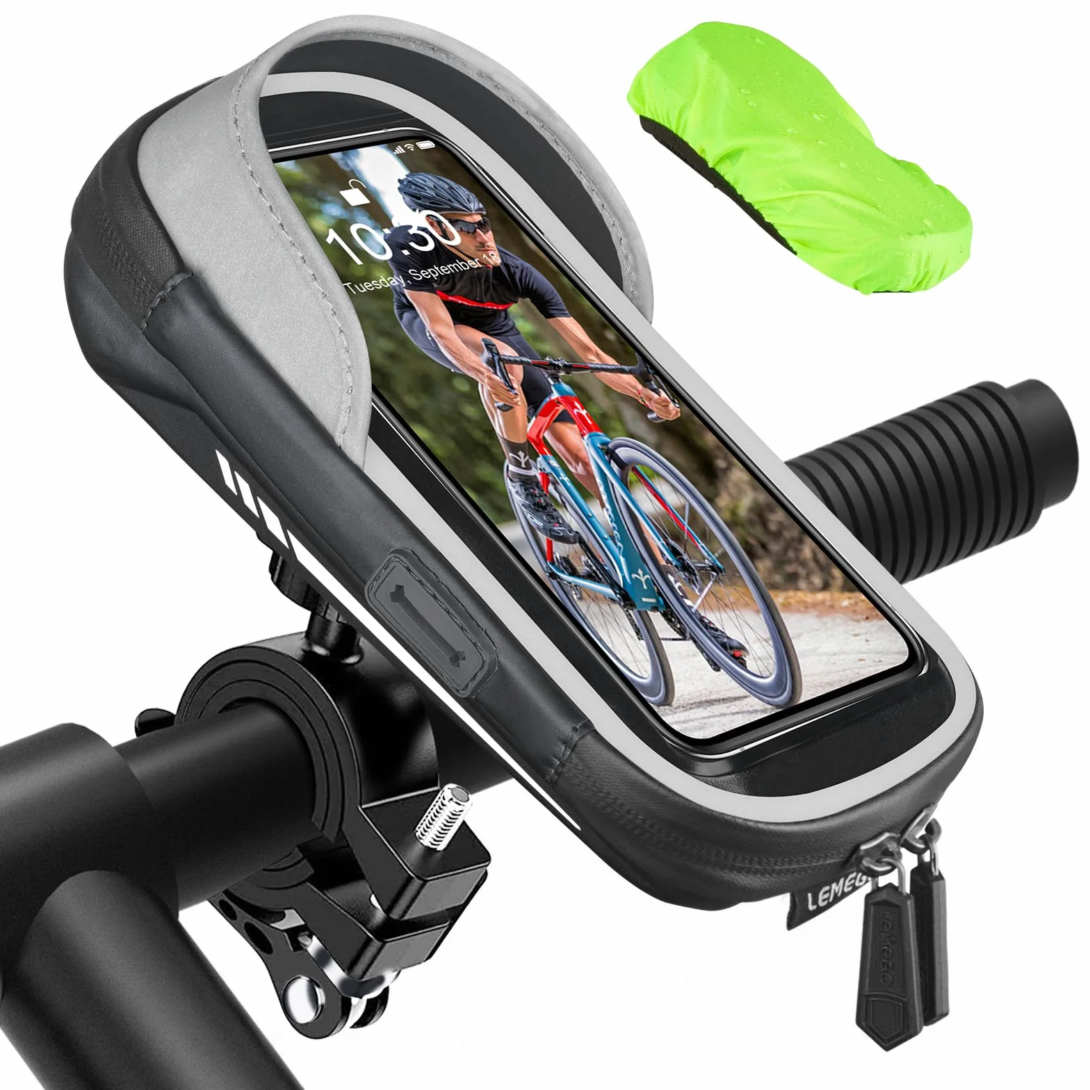 Porte Téléphone Vélo Etanche Réfléchissant avec Housse de Pluie Rotation 360, Sacoche Guidon pour Smartphone 7 Pouces