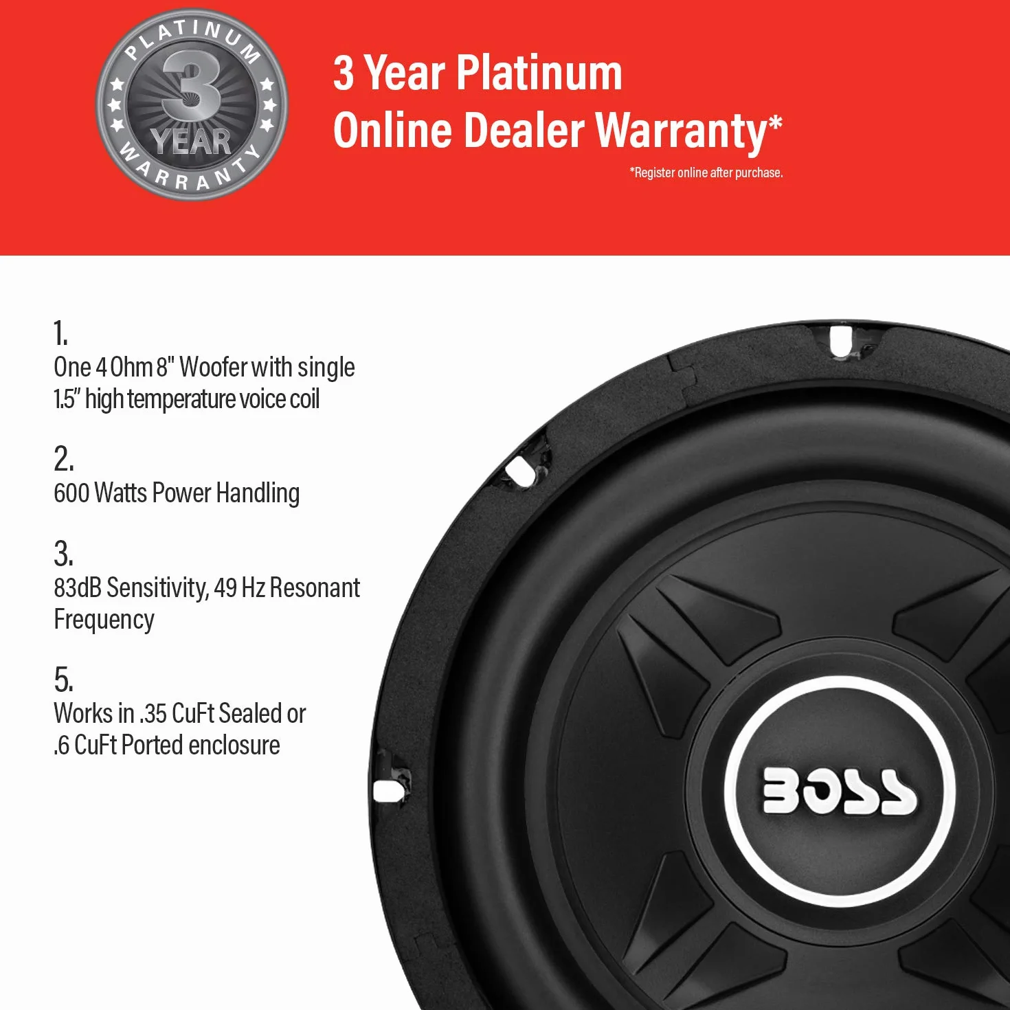 Boss Audio Systems CXX8 Passive subwoofer 300W Noir subwoofer/caisson de basses - Subwoofers/caissons de basses (300 W, Caisson de basse passif, 600 W, 83 dB, 4 Ohm, 20,3 cm (8"))
