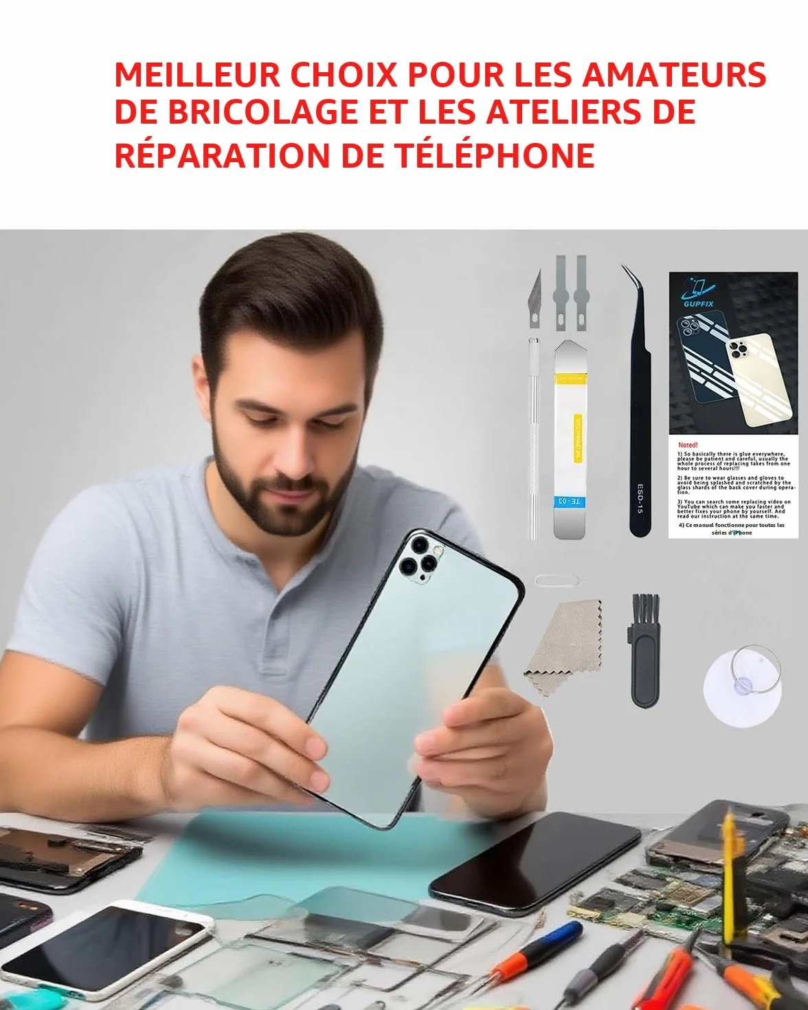 Vitre arrière de Rechange pour iPhone 13 avec Outils de réparation, Grand Trou arrière de Rechange pour Tous Les transporteurs avec adhésif pré-installé et Kits d'outils de réparation (Noir)