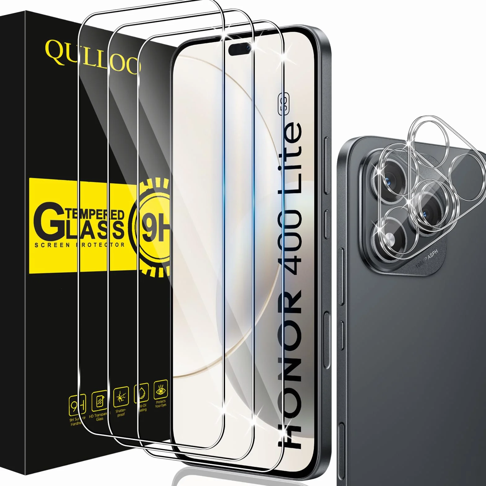QULLOO Verre Trempé pour Honor 400 Lite 5G, 3 Pièces Protecteur D'écran et 2 Pièces Caméra Arrière Protecteur, 9H Dureté Film Protection Écran HD Clarté Anti Rayures Vitre Protection