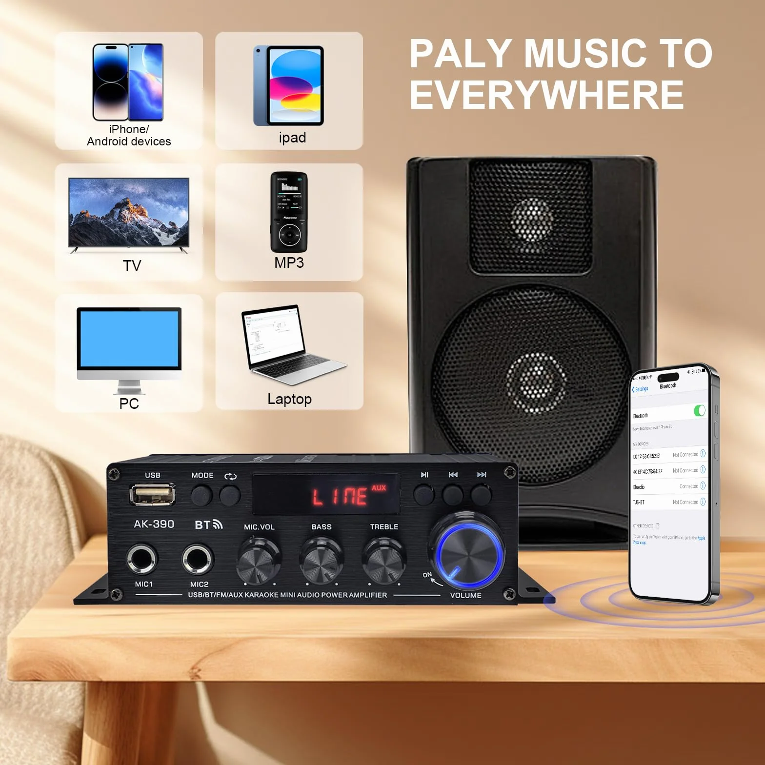 Amplificateur Hifi Bluetooth 5.0 2 Canaux 40W+40W 400W 12V 5A avec Télécommande