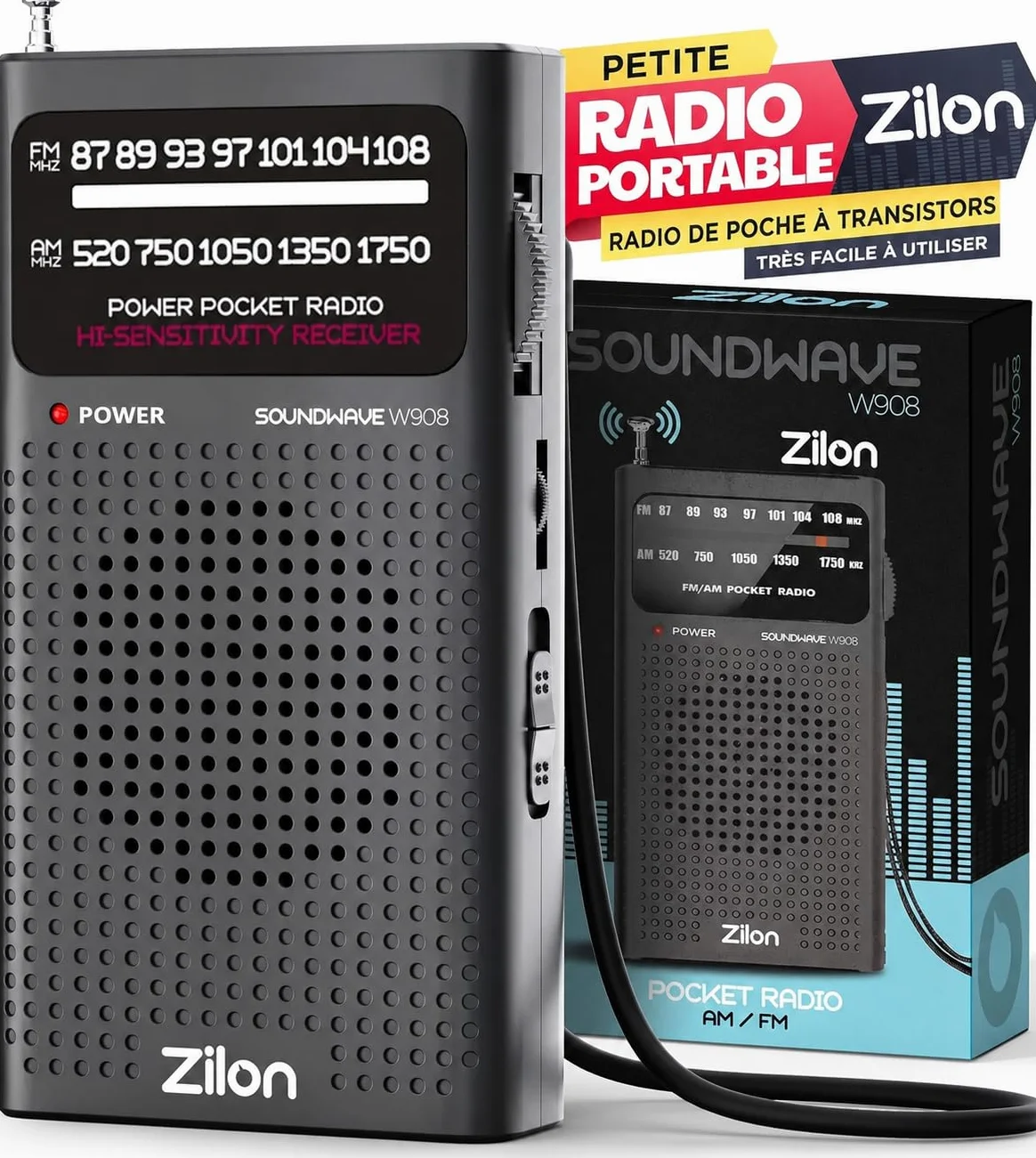 Radio à Piles Portable Petite Analogique Transistor FM Entrée pour Écouteurs Kit d’Urgence Excellente Réception Petit Poche Utilisation Simple Personnes Âgées Chiffres AA (Noire)