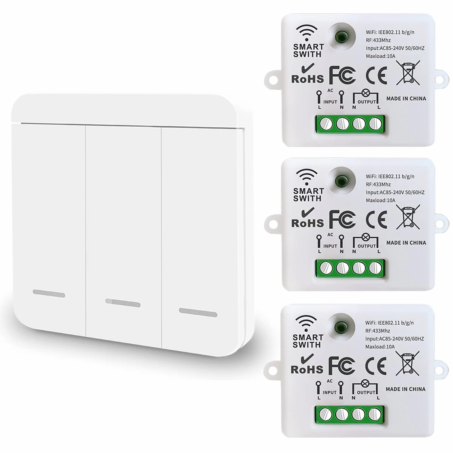 DieseRC Mini commutateur WiFi sans fil télécommande RF 2500W 10A 3 récepteurs avec 1 interrupteur mural sans fil contrôle intelligent via l'application Tuya compatible avec Alexa/Google Home