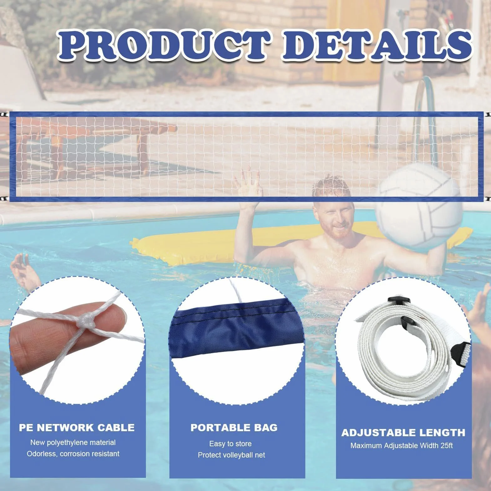 Filet de Volleyball de Piscine 15 x 3 Pieds, Filet de Rechange Portable, Résistant à l'Eau en Nylon, Maille Robuste