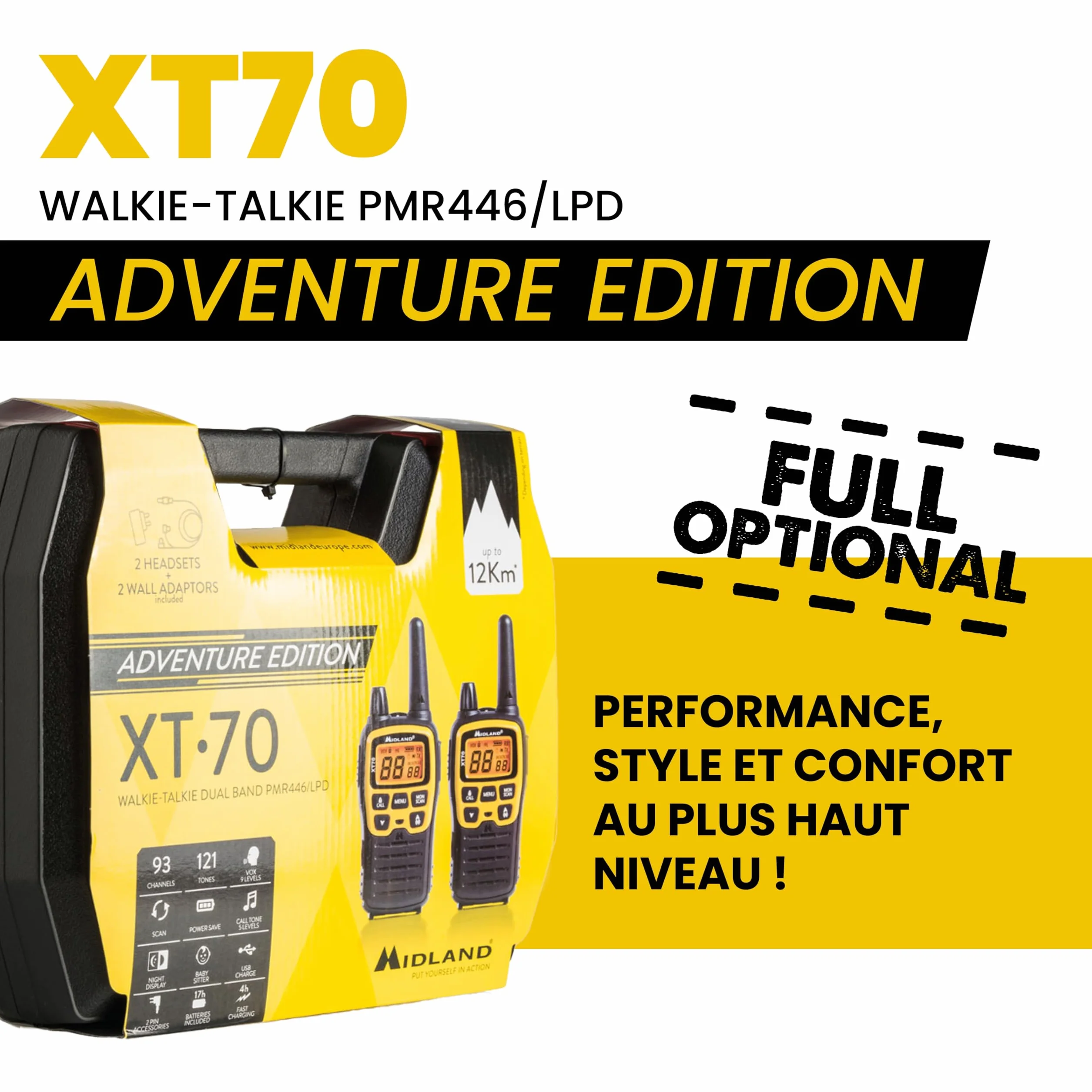 Midland C1180.01 XT70 Adventure Talkie Walkie - Émetteur-Récepteur Radio Pro Bi-bande à Recharge Rapide - Jaune - 69 LPD et 24 PMR446, 12 km, 38 Tonalités et 83 Codes - Lot de 2 Émetteurs-Récepteurs