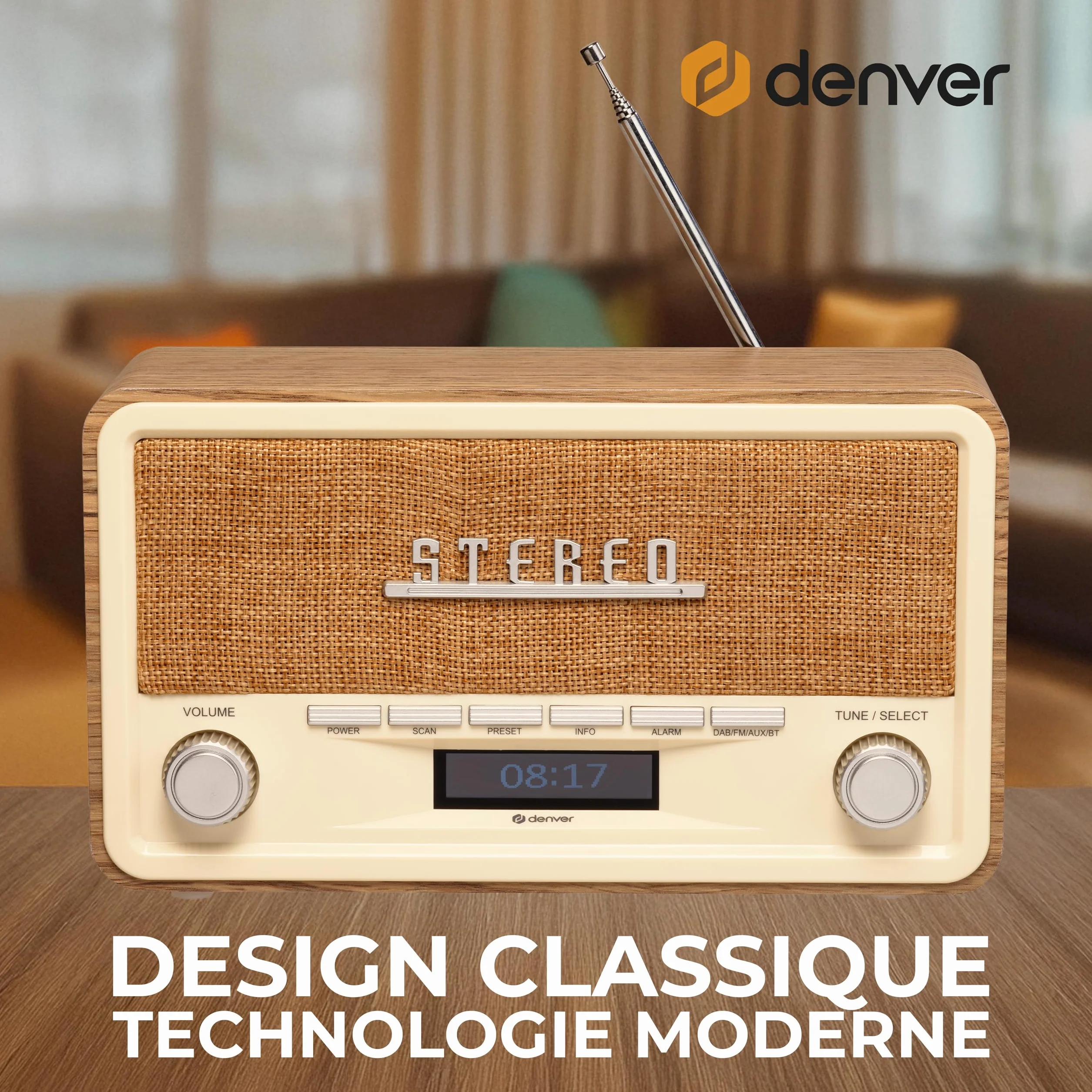 Denver DAB-18LW Radio numérique Dab+/FM Bluetooth, AUX, écran LCD, Horloge-réveil, Finition Bois Clair