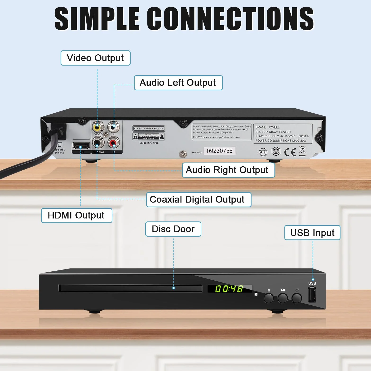 Lecteur de DVD Blu-Ray pour TV, HD Lecteur Blu-Ray Lit Le Disque Blu-Ray de Région 2, Lecteur DVD CD 1080P Toutes Régions pour la Maison, Supporte Clé USB Sortie HDMI AV Coaxiale (Blu-Ray Région 2)