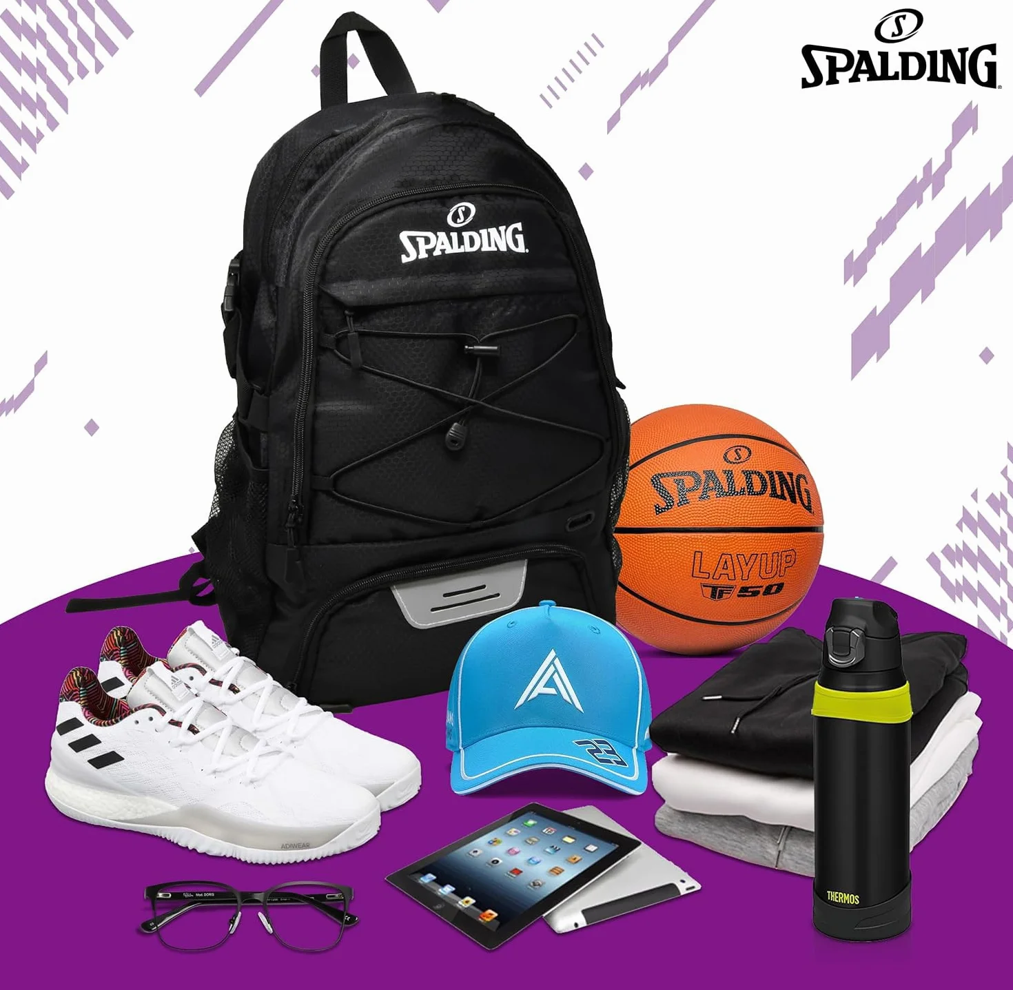 Spalding Sac à dos de basket-ball noir avec compartiment à chaussures et ballon