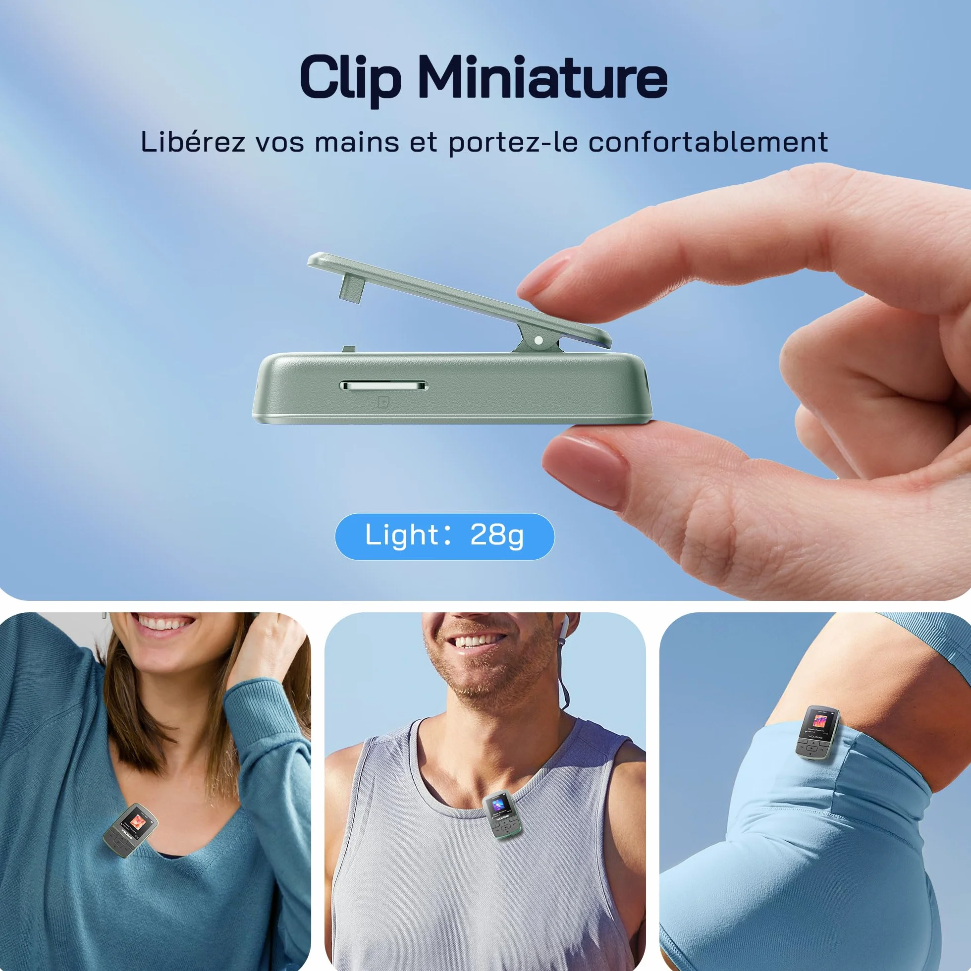 WOLFANG Lecteurs MP3 avec Bluetooth 5.2, Clip Sport, Taille Mini, Poids 28,3 g, Radio FM HiF, enregistreur Vocal, Jusqu'à 128 Go, sans Carte mémoire, écouteurs Inclus, Vert Kaki