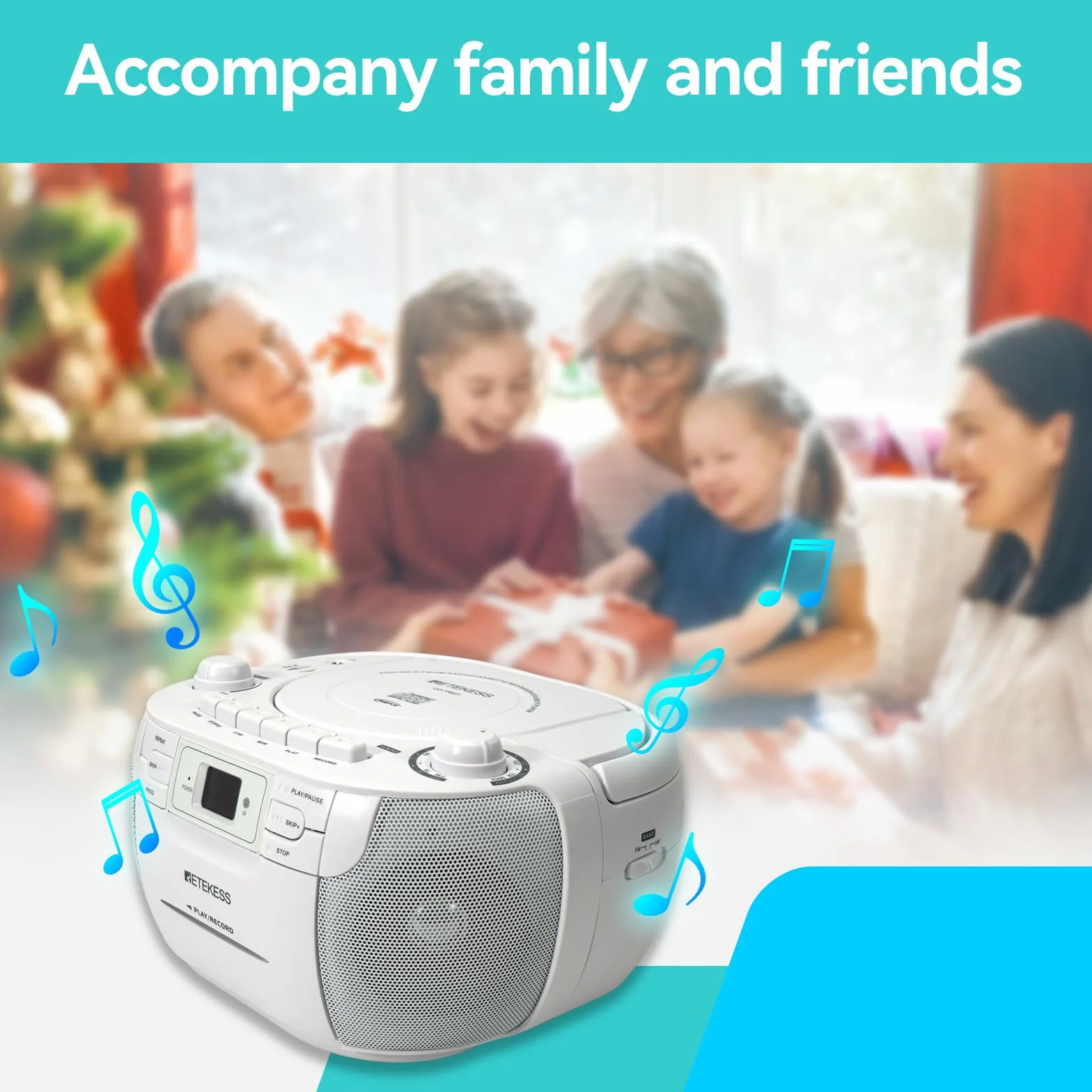 Retekess TR621 Poste Radio CD Lecteur Cassette Audio Boombox Stereo Enregistrement Télécommande USB TF Casque Radio Portable Blanc