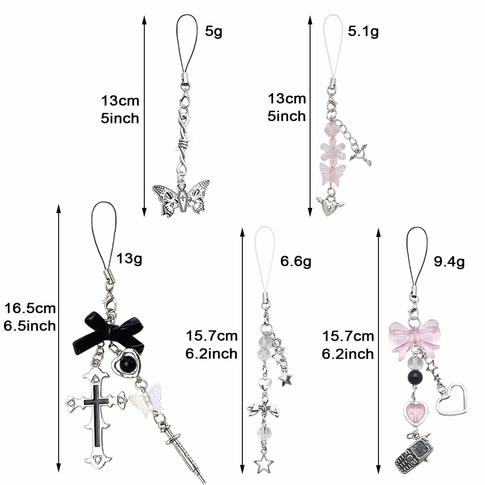 DKDDSSS Lot de 5 Pendentifs Y2K pour Téléphone Portable, Attache Cordon Téléphone Portable Chaîne, Bijoux de Telephone, Porte-Clés, Cordon Telephone Portable Bijoux