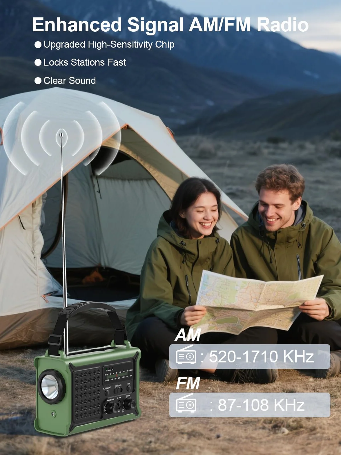 ROCAM Radio d’Urgence à Manivelle 12000mAh avec Panneau Solaire 8500mm² & Dynamo 650mA, Radio AM/FM Portable avec Torche LED, Lampe de Lecture, USB, Alarme SOS – Camping, Coupure de Courant, Survie